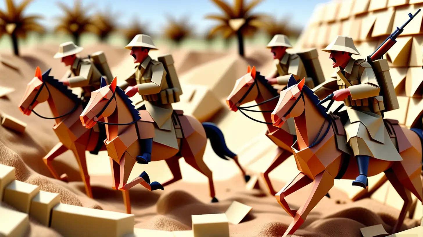 Beersheba 1917. Turkish soldiers are in the trenches shooting at the approaching Australian Light horse regiment as they ride their horses towards the trenches. 3d Origami style