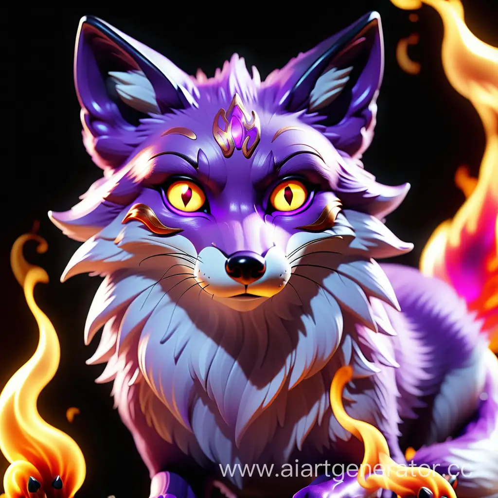 
A beautiful purple fox with glowing eyes exhales flames