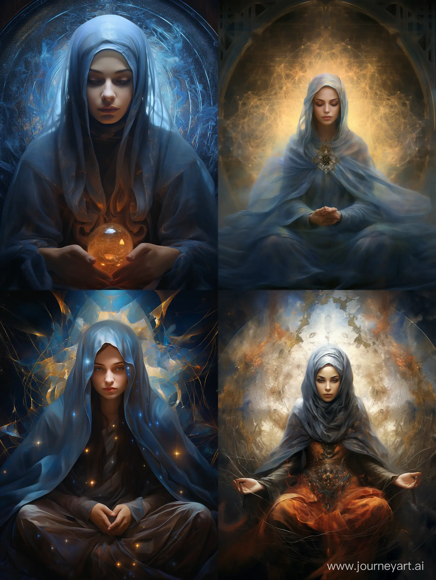 meditation in motion, wearing hijab, on background mystical art