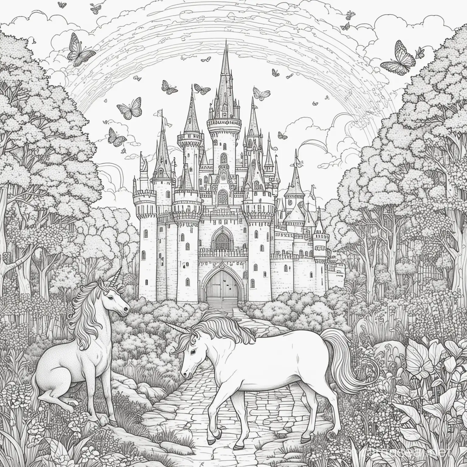 a coloring page that shows a big castle under a rainbow and a unicorn playing with a big cat and nice butterfly