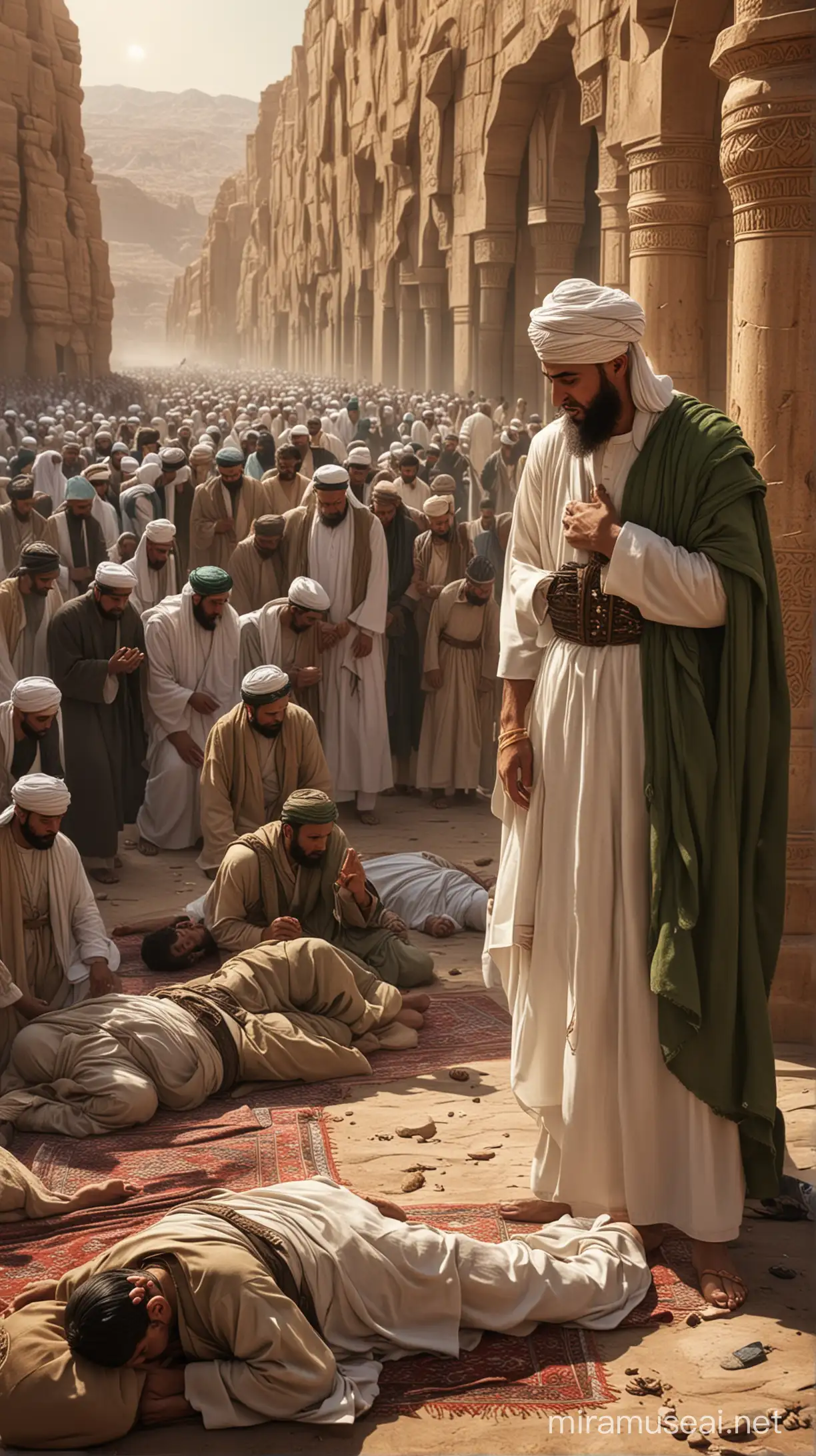 "Prophet Muhammad's Compassion"
Description: Depict Prophet Muhammad (PBUH) witnessing Bilal's suffering and expressing , islamic tradiion HD and 4k