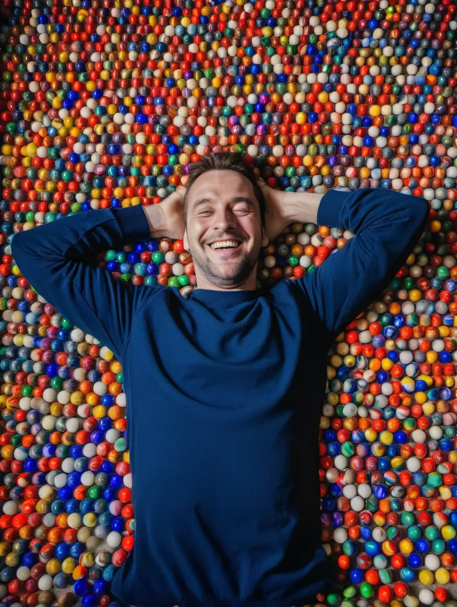 a man with his hands behind his head, smiling , lying on floor surrounded with hundreds of colourful marbles on a floor 
