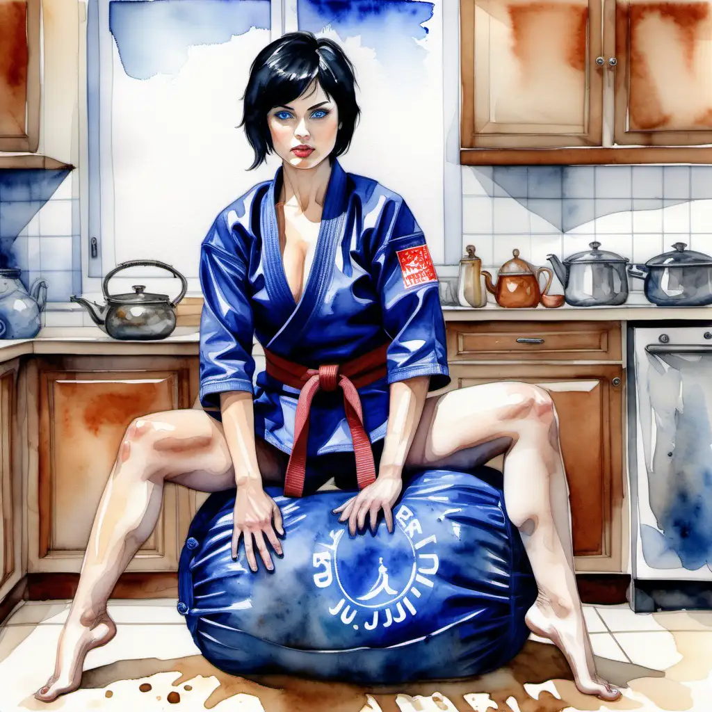 Sexy woman,short black hair, blue eyes, fighter jiujitsu mounted on the sand bag in the kitchen. Watercolor