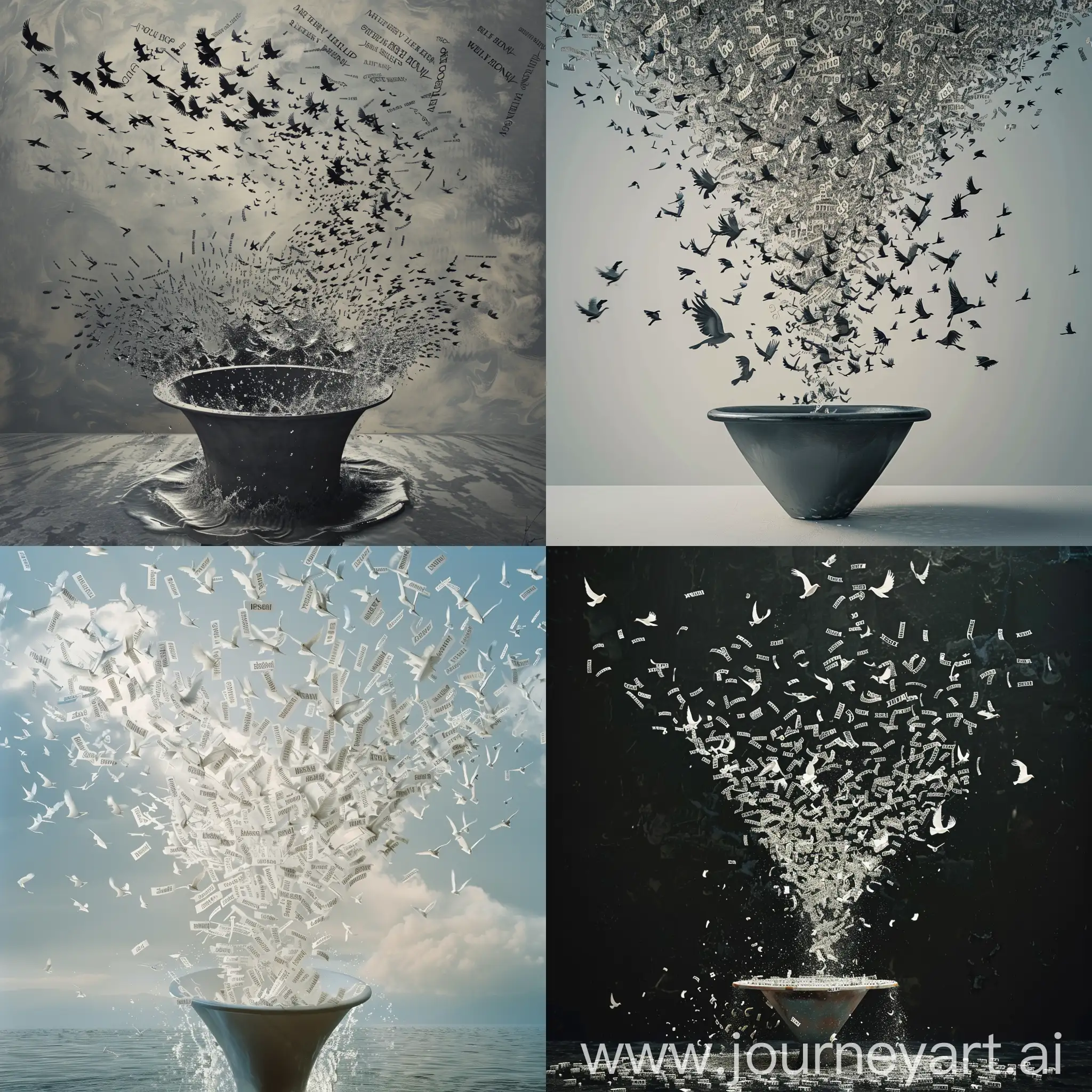 Conceptual art: A "flock" of written words swirl above and fall into a funnel