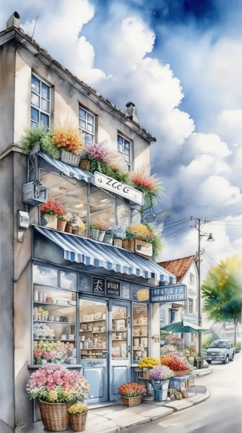 JZCG021,Flower shop, Coffee shop, small town,  beautiful sky silver lining cloud, comic style, aquarelle sharp, Masterpiece,Best quality,High quality,