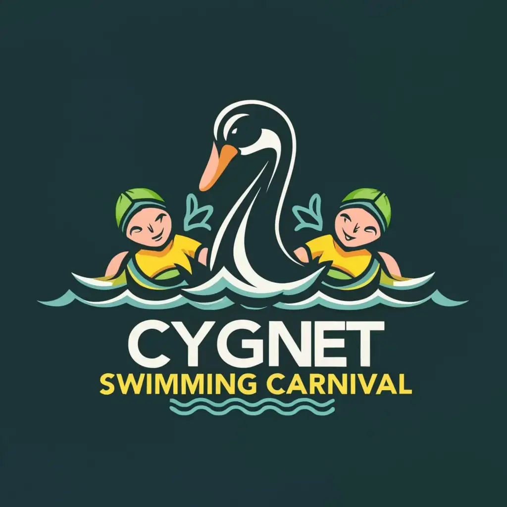 logo, Students swimming in pool. Colour of the logo green and yellow. Black swan in the water, with the text "Cygnet Swimming Carnival", typography, be used in Sports Fitness industry