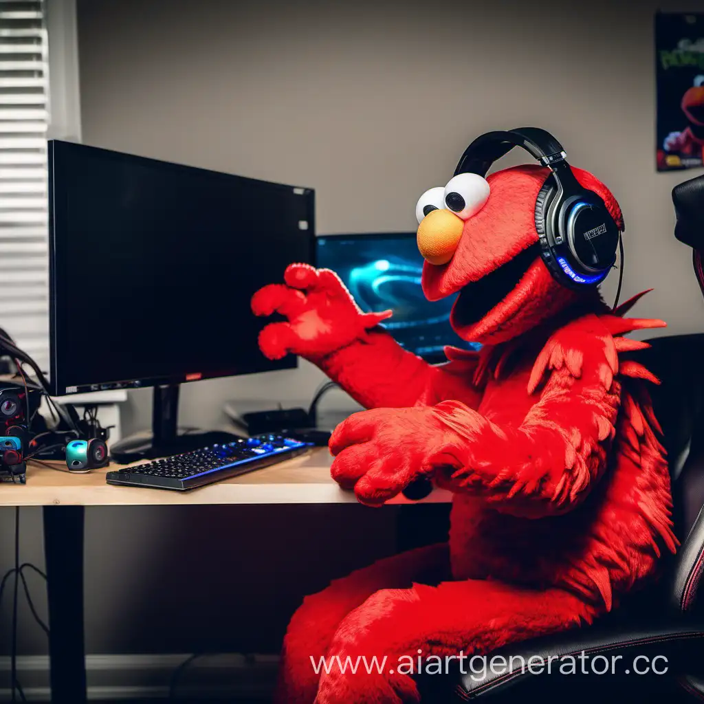 Elmo playing with a gaming pc with his gamer rgb rampage headphones on 