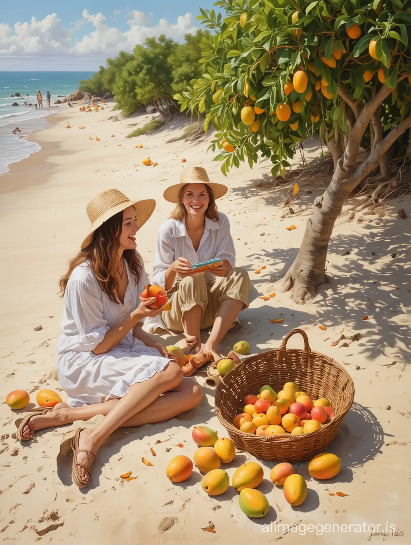 A company of extroverts sits on the sand by the sea and chats cheerfully. Nearby lies a basket with mangoes and peaches. In the style of Janet Hill
