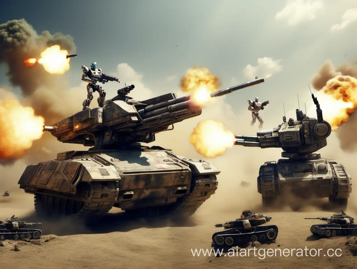 Robots-Engaging-in-Battle-with-Tank-Futuristic-Warfare-Scene