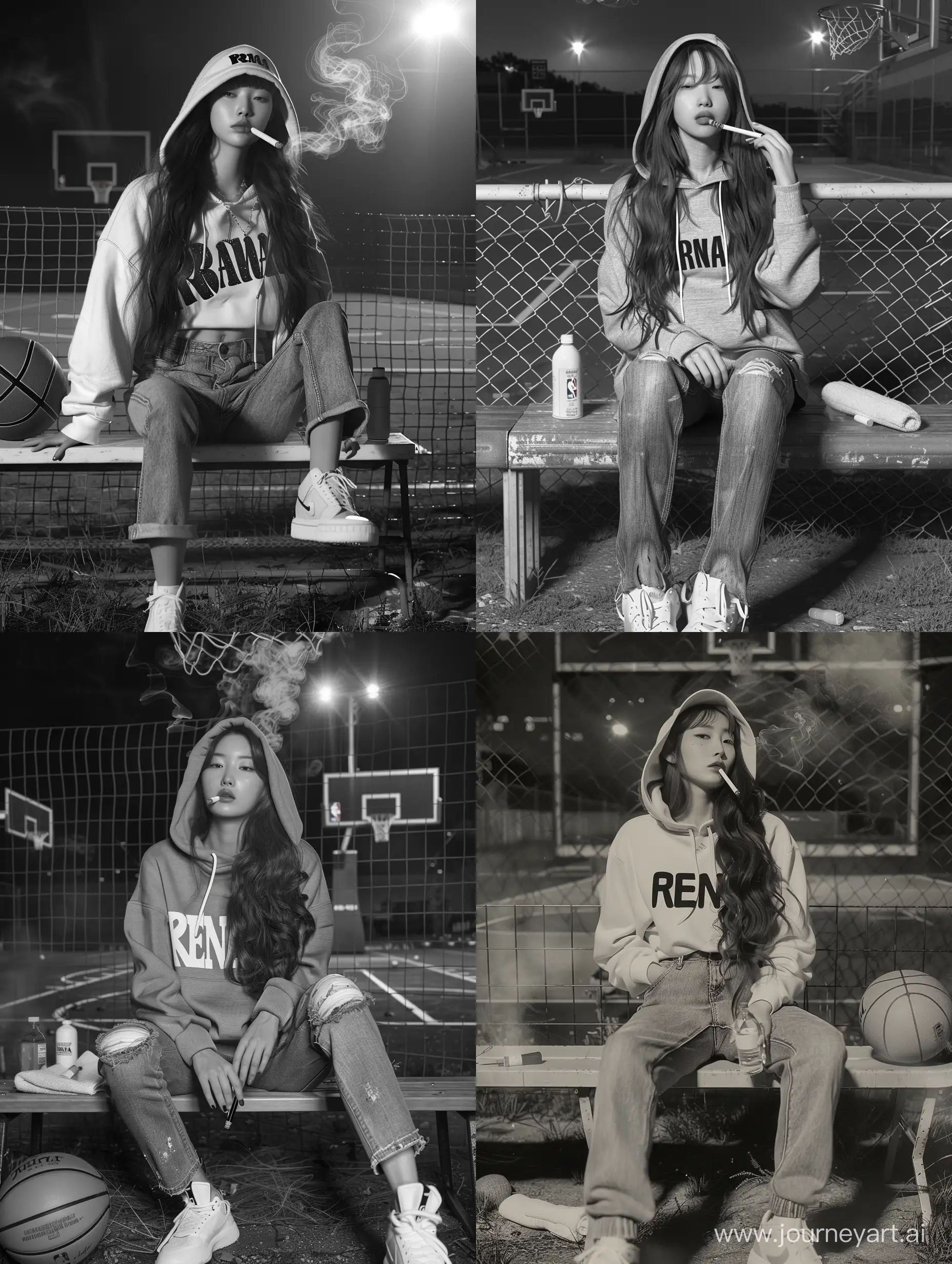 Beautiful Korean woman with long hair wearing a hoodie that says "RENA", jeans and white shoes, face must look real and detailed, sitting on a bench in front of the field fence, while smoking, basketball court background, basketball, small towel, drinking bottle, ultra HD, night bright scene, real photo, high detail, ultra sharp, 18mm lens, realistic, photography, Leica camera