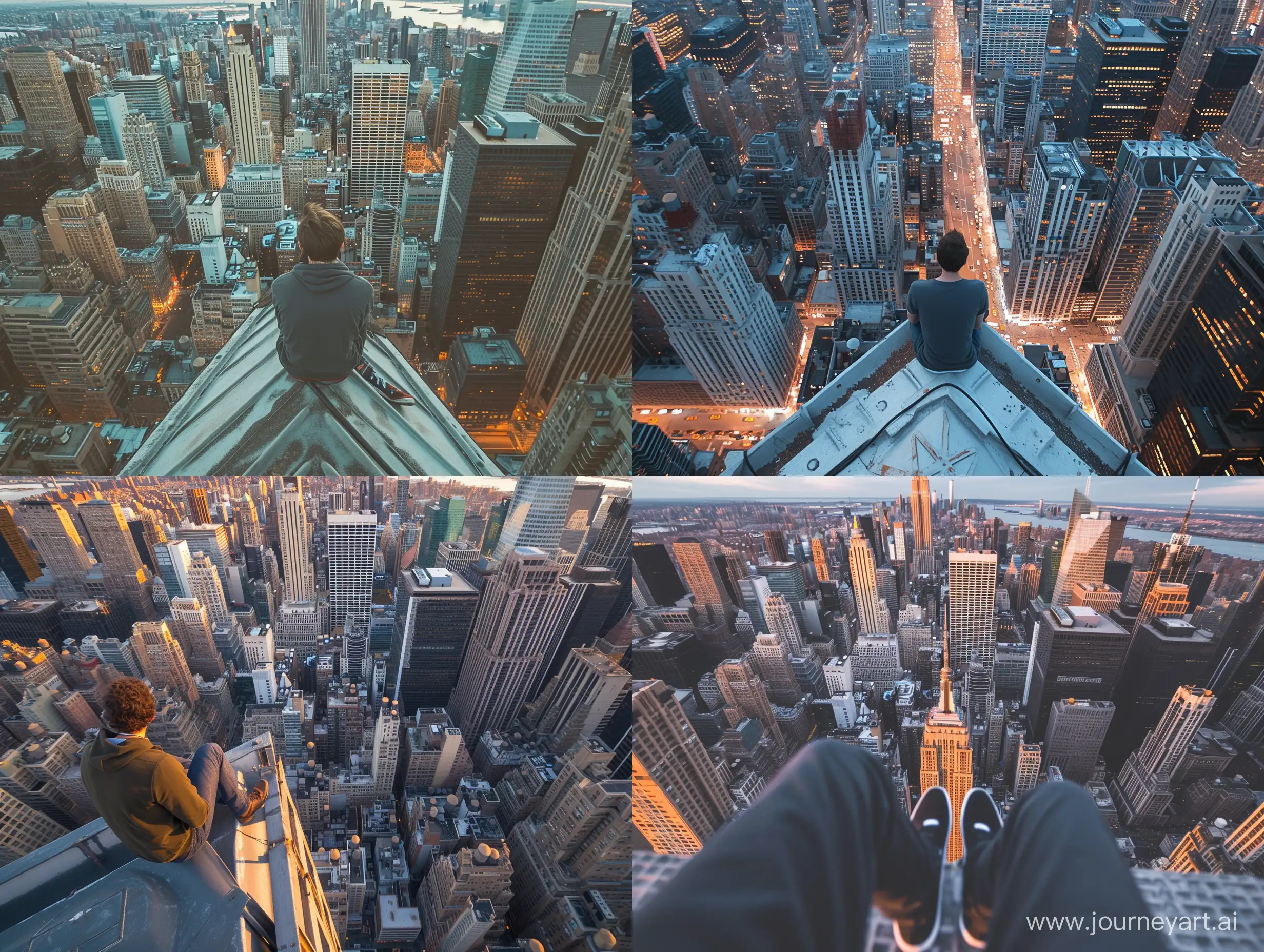 a photo showcasing a 1st person view perspective of man sitting on the empire state building roof, natural lighting, day time, environment, new york, wide view, style raw, bustling,

