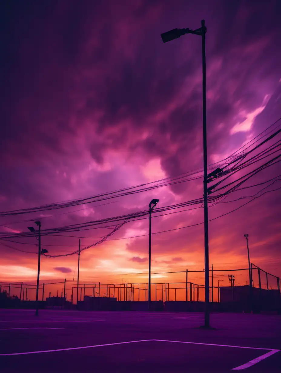 liminal space containing empty parking lot with sunset sky all colors violet sunset violet orange clouds cinematic atmospheric with street lamp on with bright light and electric wires flagpoles around