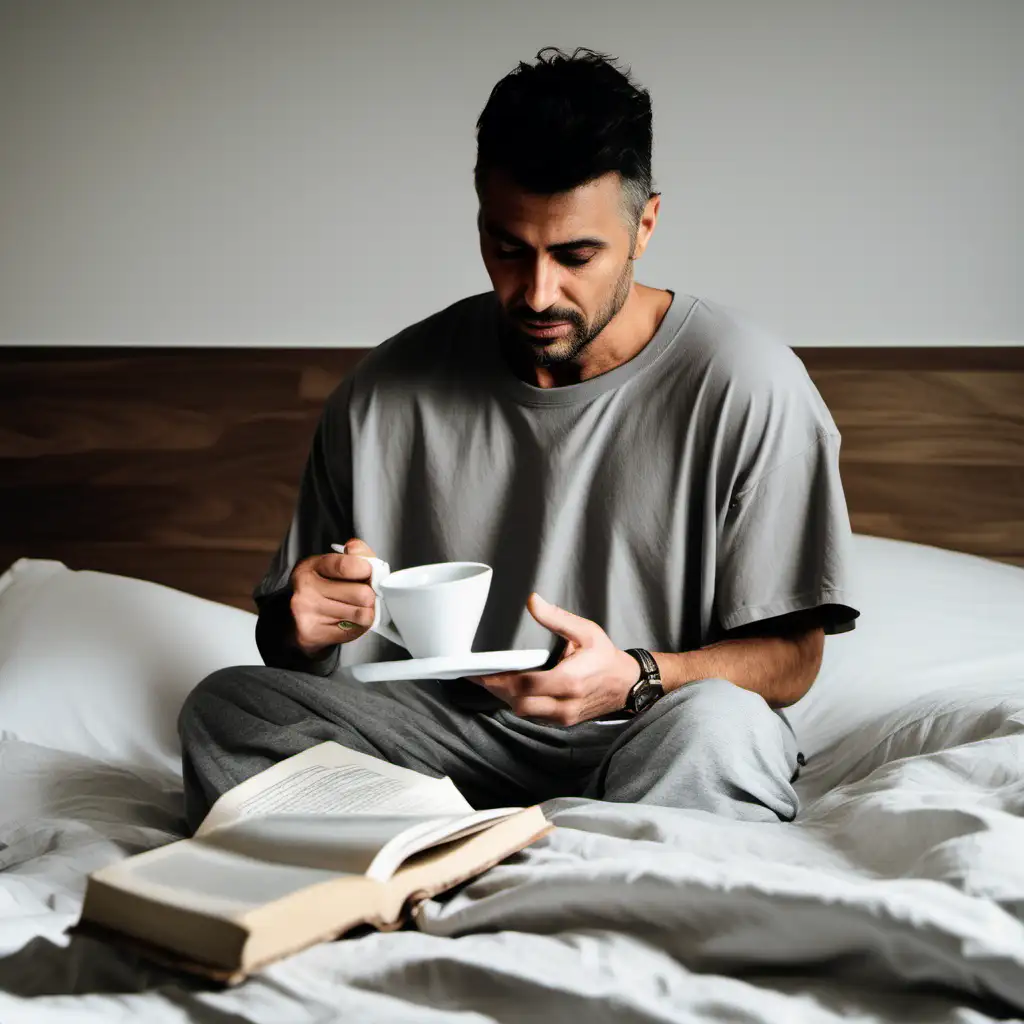 a men wearing oversize tee on bed drinking tea on 1 hand and reading book 
