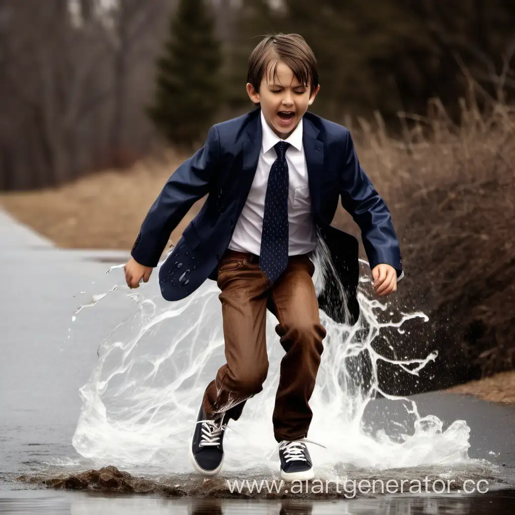 10 year old boy wet shirt, brown jeans, suit jacket, sneakers water running down his jeans