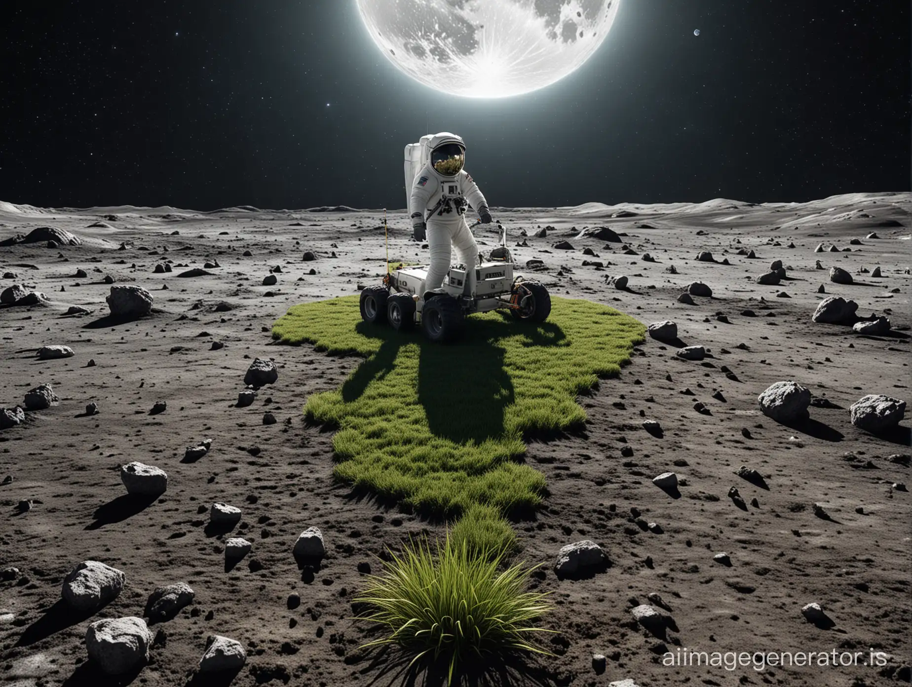 Concept: lawnmowing on the moon's surface
Foreground: An astronaut mows a small square of grass, surrounded by the lunar surface
Background: stars and the earth