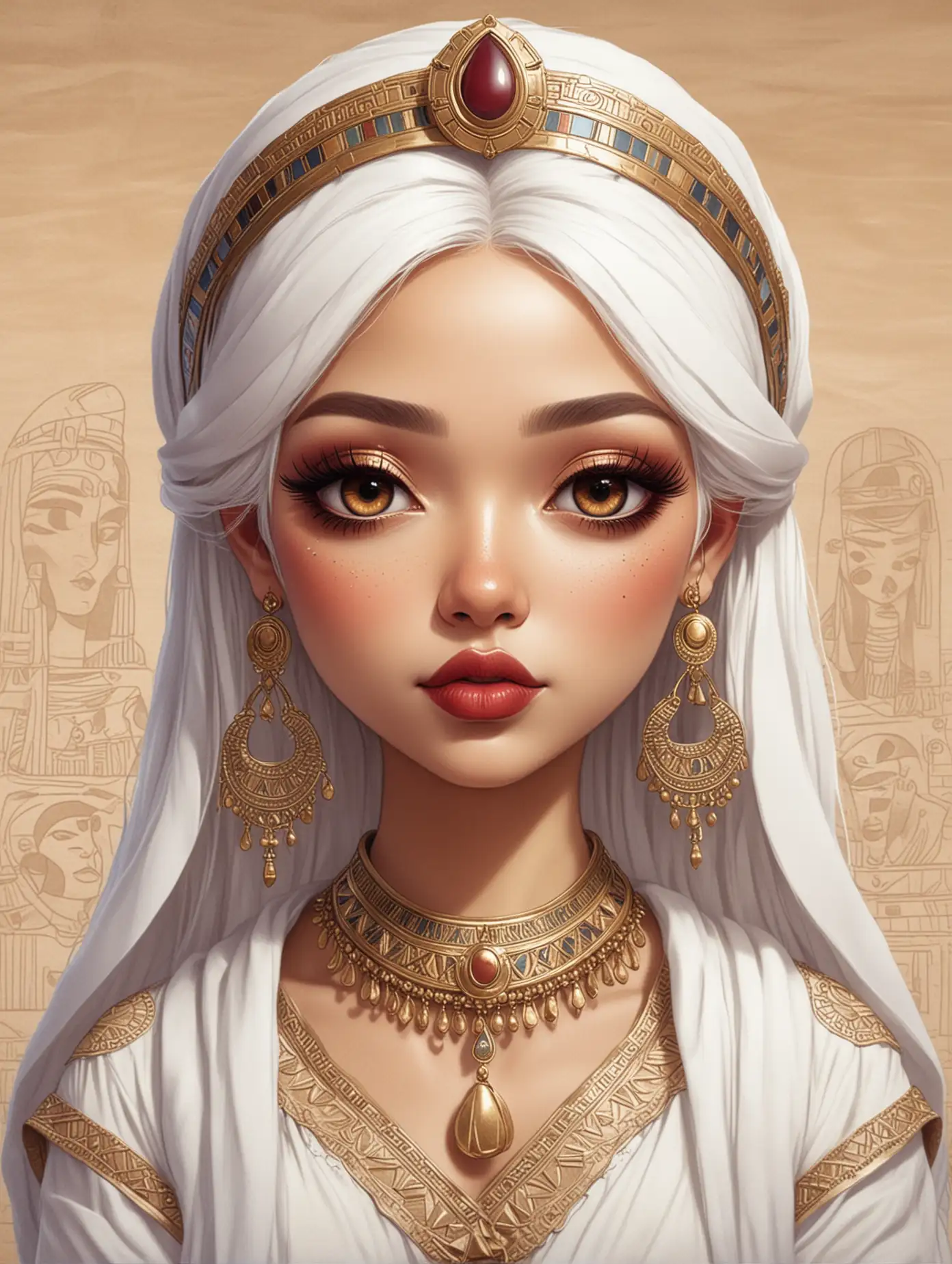 realistic pencil drawn sketch outline of a beautiful woman, chibi style, plump burgundy lips, big almond eyes, white hair. She is dressed in ancient Egyptian outfit, high heels, there's sights of Egypt behind her