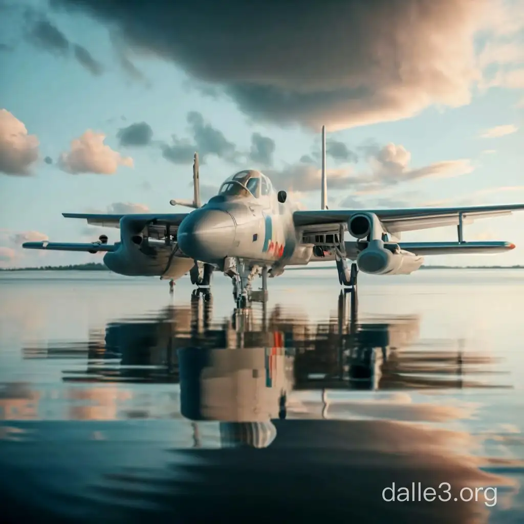 Create a photo realistic Royal Canadian Air Force F-18 but a fantasy biplane version with pontoon floats landing on water.