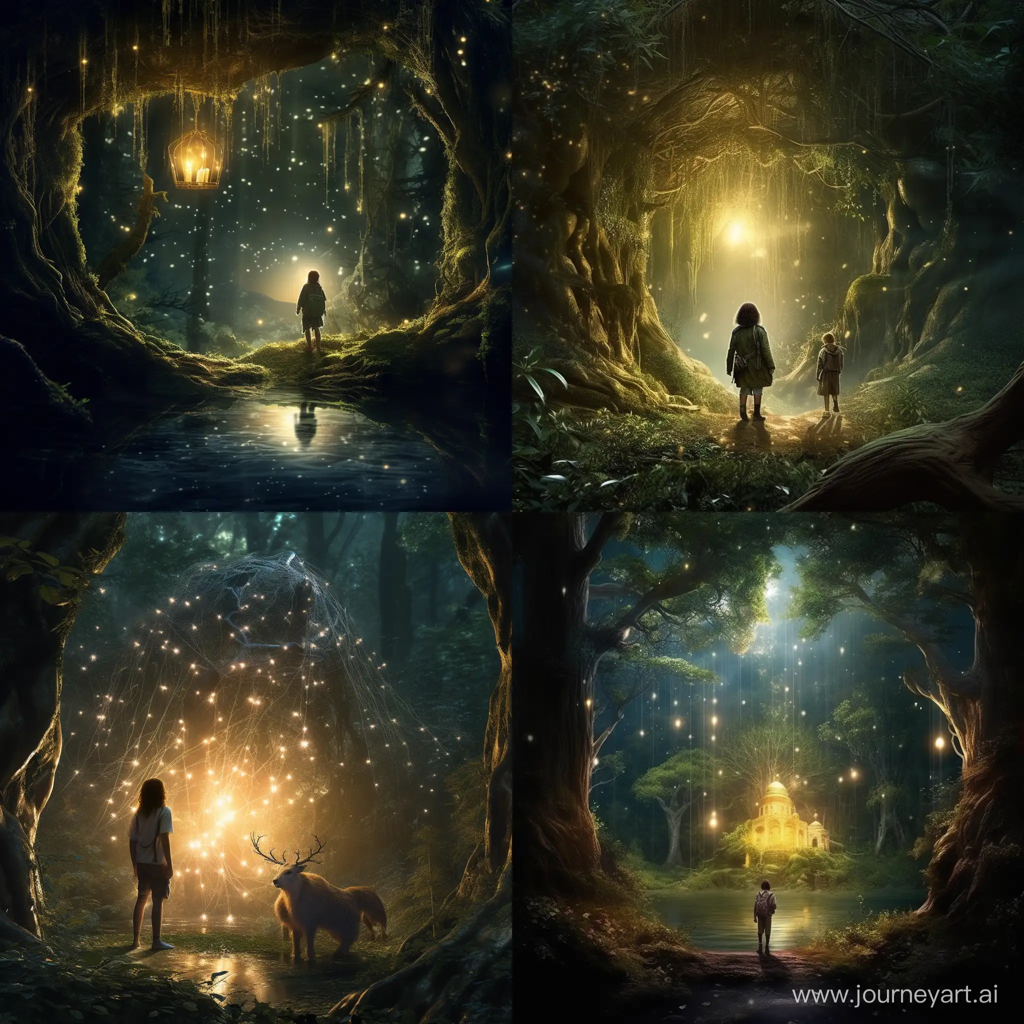 A mystical encounter between a traveler and a mythical creature in an enchanted forest. Deep within an ancient, otherworldly forest with towering trees and ethereal flora. Fantasy realm, no specific historical period. Magical, mysterious, with a touch of wonder and awe. A lone traveler with a lantern and a mythical creature with luminescent features. The traveler cautiously approaching the mythical creature, both acknowledging each other's presence. Utilize a balanced composition with the mythical creature as the focal point, framed by the surrounding enchanting elements. Deep, mystical greens and blues for the forest, contrasted with the warm glow of the traveler's lantern and the creature's ethereal luminescence. Soft, diffused moonlight filtering through the forest canopy, emphasizing the magical ambiance. Blend of realism and fantasy elements to create a visually captivating and immersive scene. Pay attention to the subtle details of the mythical creature's features. Create an otherworldly atmosphere with gentle, atmospheric effects like mist or glowing particles.
