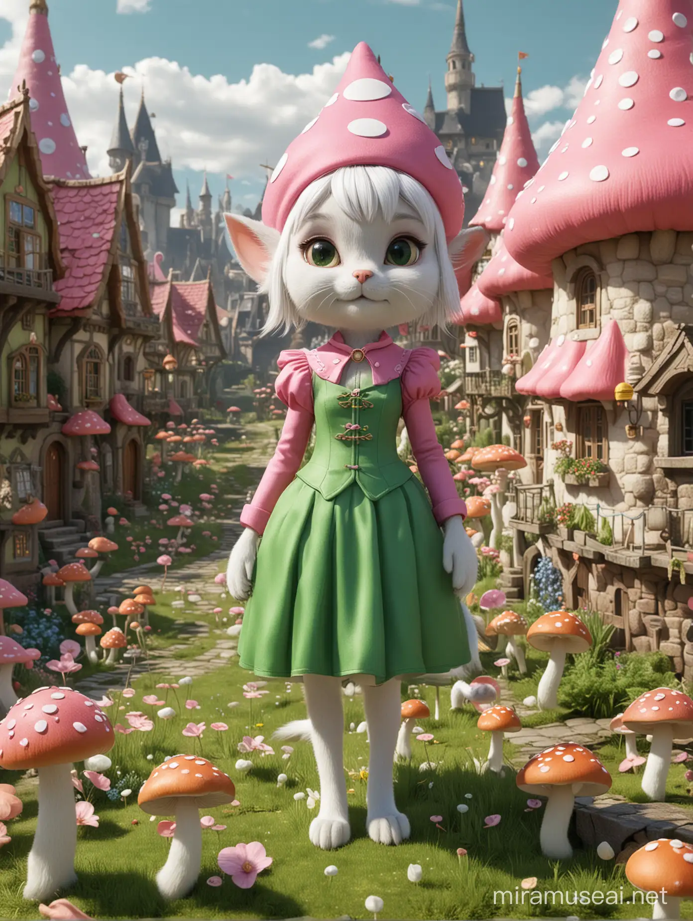 Mushroom Kingdom, town surrounded by houses of mushrooms, anthropomorphic cat in green dress, dog in pink suit, white nine-tailed lone, Elf, Avatar scene, 32k, close-up, poltcount 3D Trends, Games,-ar 3:4-s250-v 6.0