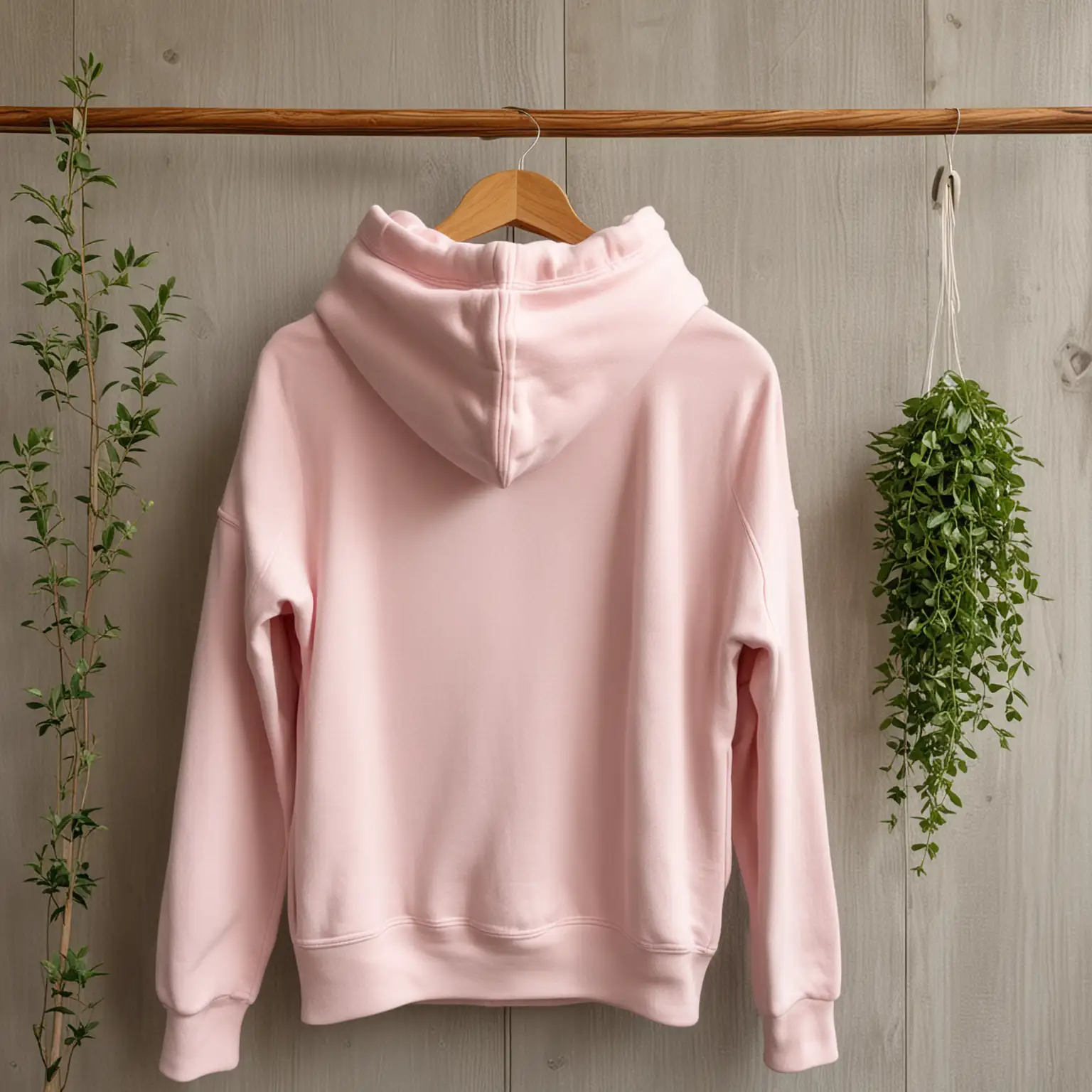 blank back of light pink hoodie on hanger hanging on a woodern pole with a small plant 