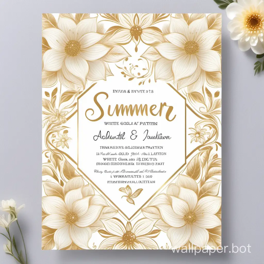 Summer, Whimsical, beautiful, luxury, floral pattern, wedding invatation white and gold