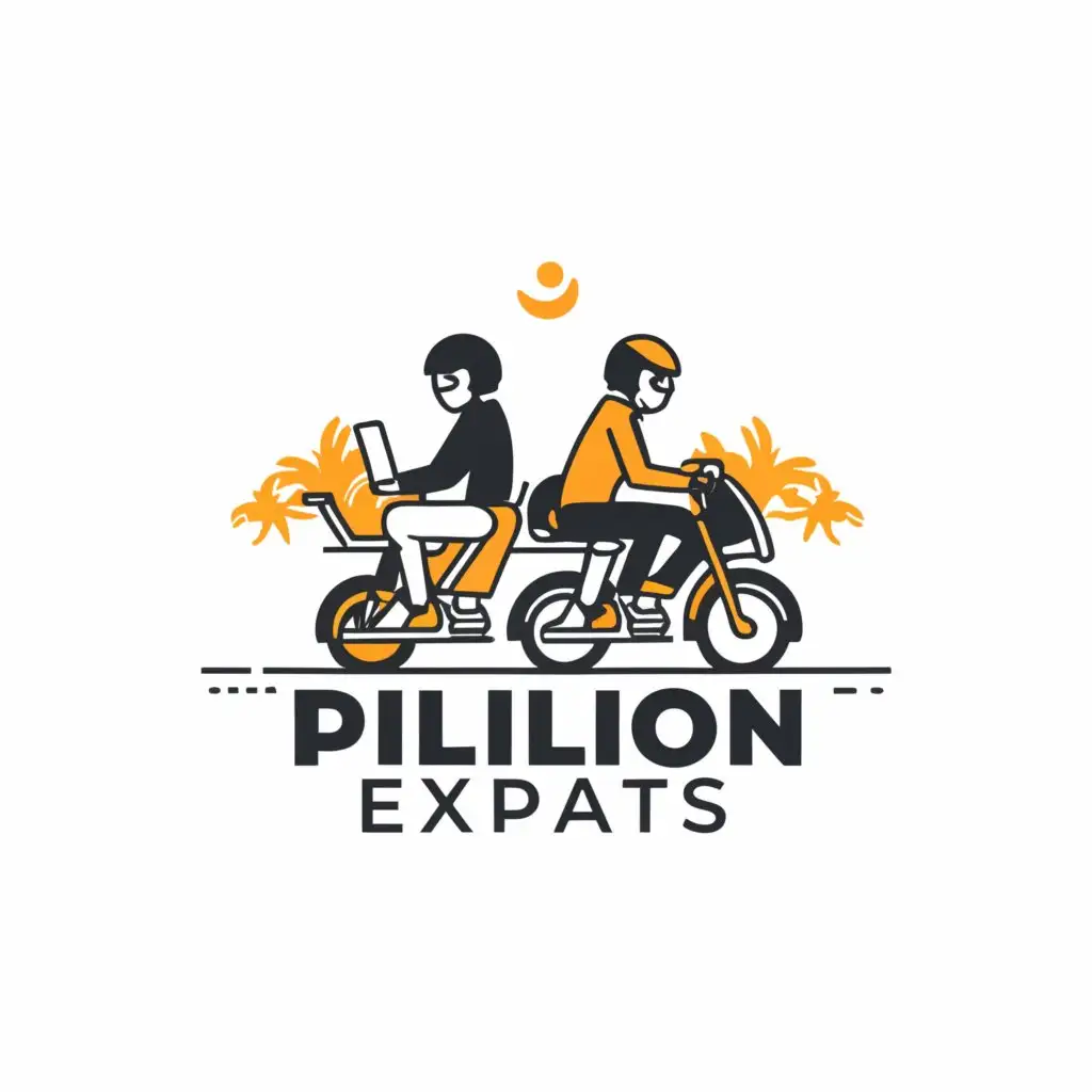 a logo design,with the text "Pillion Expats", main symbol:Two people riding a bike on a hilly road. pillion is holding a laptop,complex,be used in Education industry,clear background