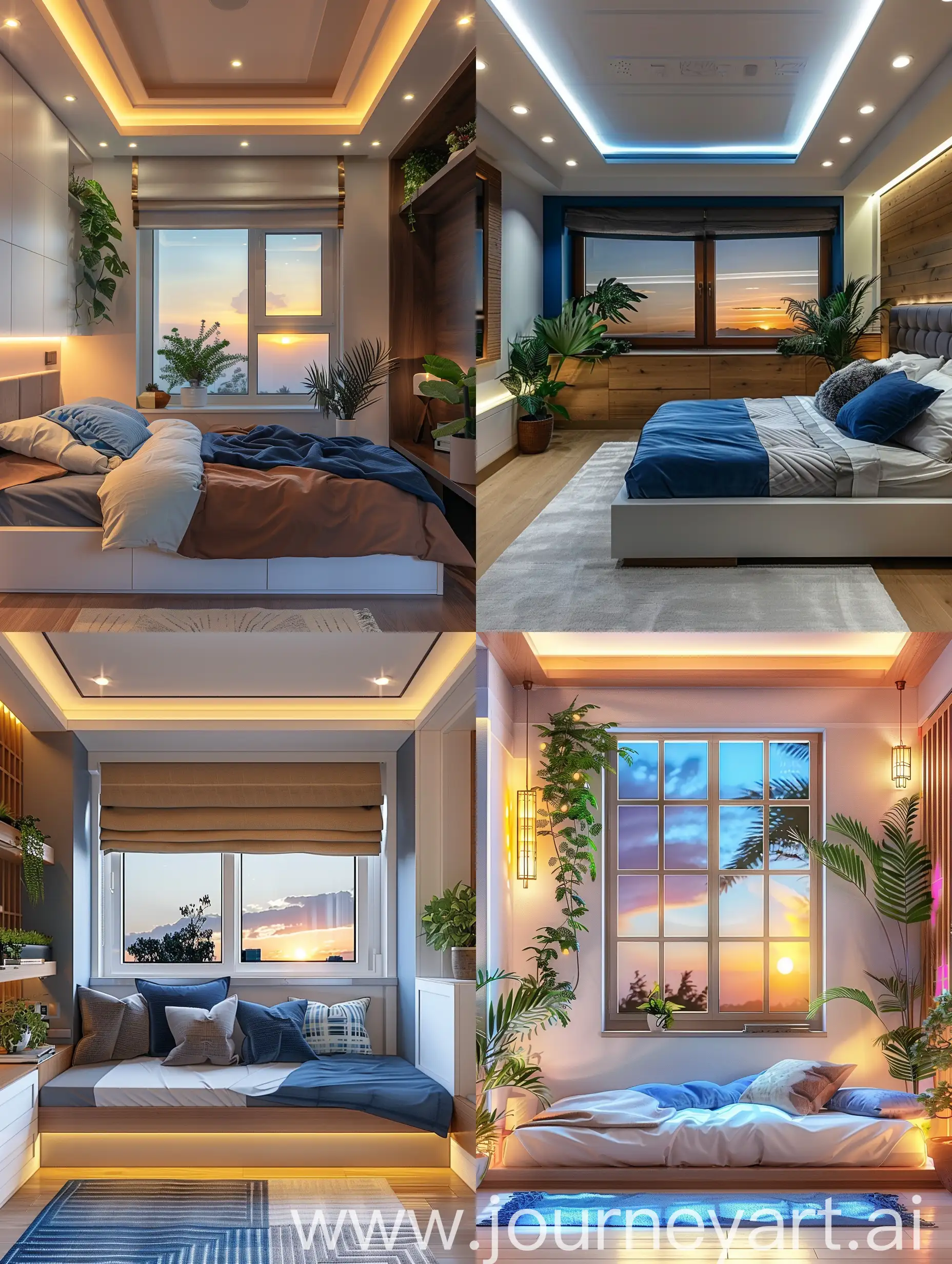 Camera da letto stile moderno con finestra. Colori bianco Blu e marrone. Piante. Luci del tramonto
