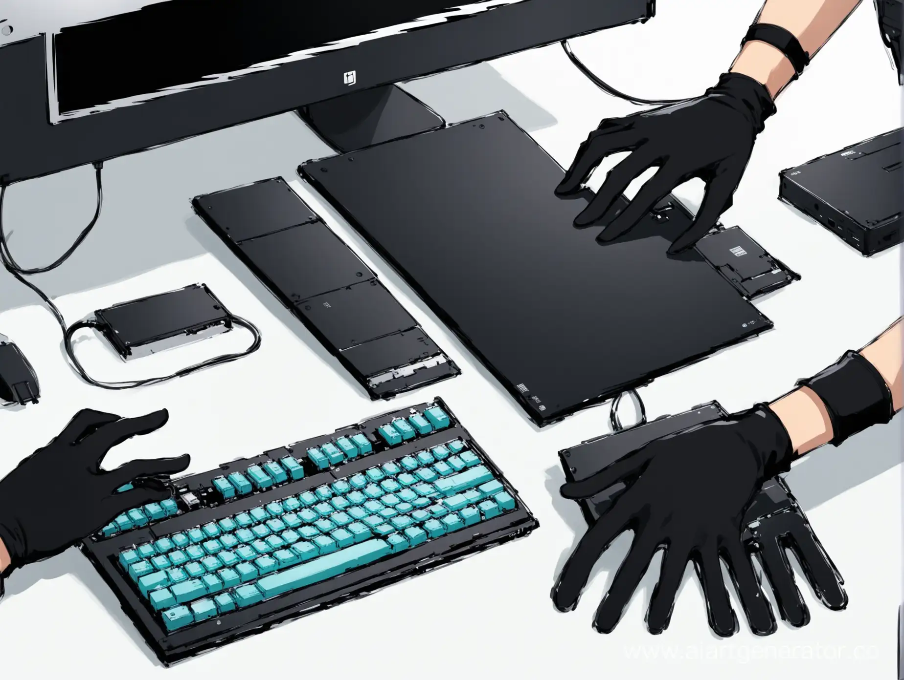 Gloved hands assemble a personal computer