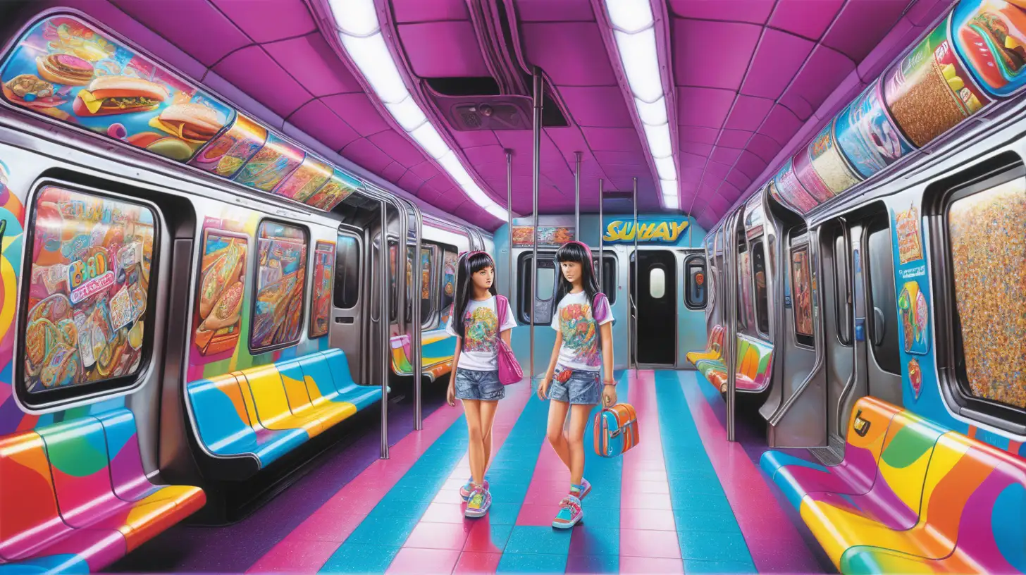 subway, tonal colors, TXAA, art by Lisa Frank, YPbPr, art by Zeng Fanzhi, volumetric lighting, by Kim Tschng Yeul, comic book