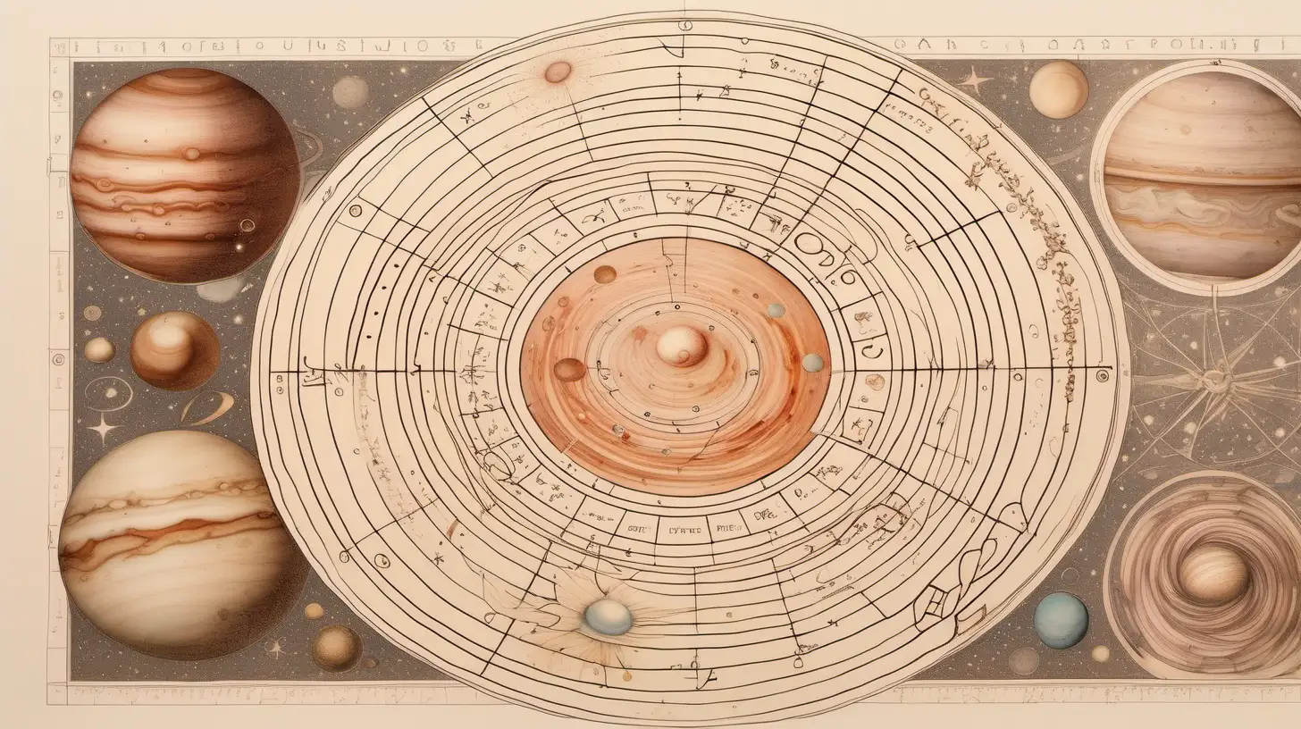 astrological chart and jupiter, loose lines, on very light beige page , etching, swirling vortexes, playfully intricate, puzzle-like elements , rose  gold