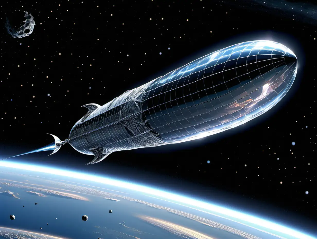 a long slender Hindenburg shaped balloon-shaped crystalline spaceship that is see-through with pointed ends. It has flat faceted texture around it's body like a cystal. In the background a giant black hole in space