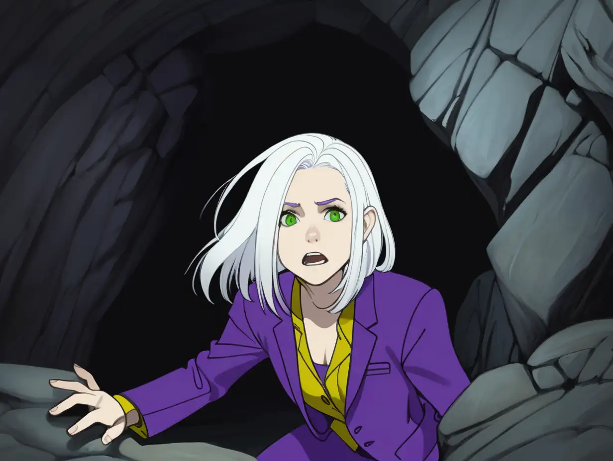 young adult woman, white skin, green eyes. shoulder length white hair, purple and yellow suit, no shoes, no extra limbs, hand over open mouth, hiding inside of a dark cave