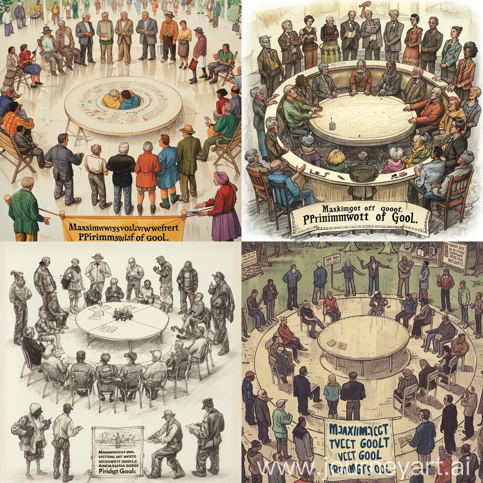  envision a scene where different people gather in a public space, such as a square or a meeting hall, to discuss and vote on an important decision for their community. People of various ages, races, and backgrounds could be depicted, all engaged in the decision-making process. At the center of the scene, you might imagine a large round table or a series of circular chairs, where people sit to discuss and deliberate. At the bottom of the scene, you could draw a sign or a flag that reads "Maximization of Good" or "Principle of Utility," to underscore the central theme of the discussion.