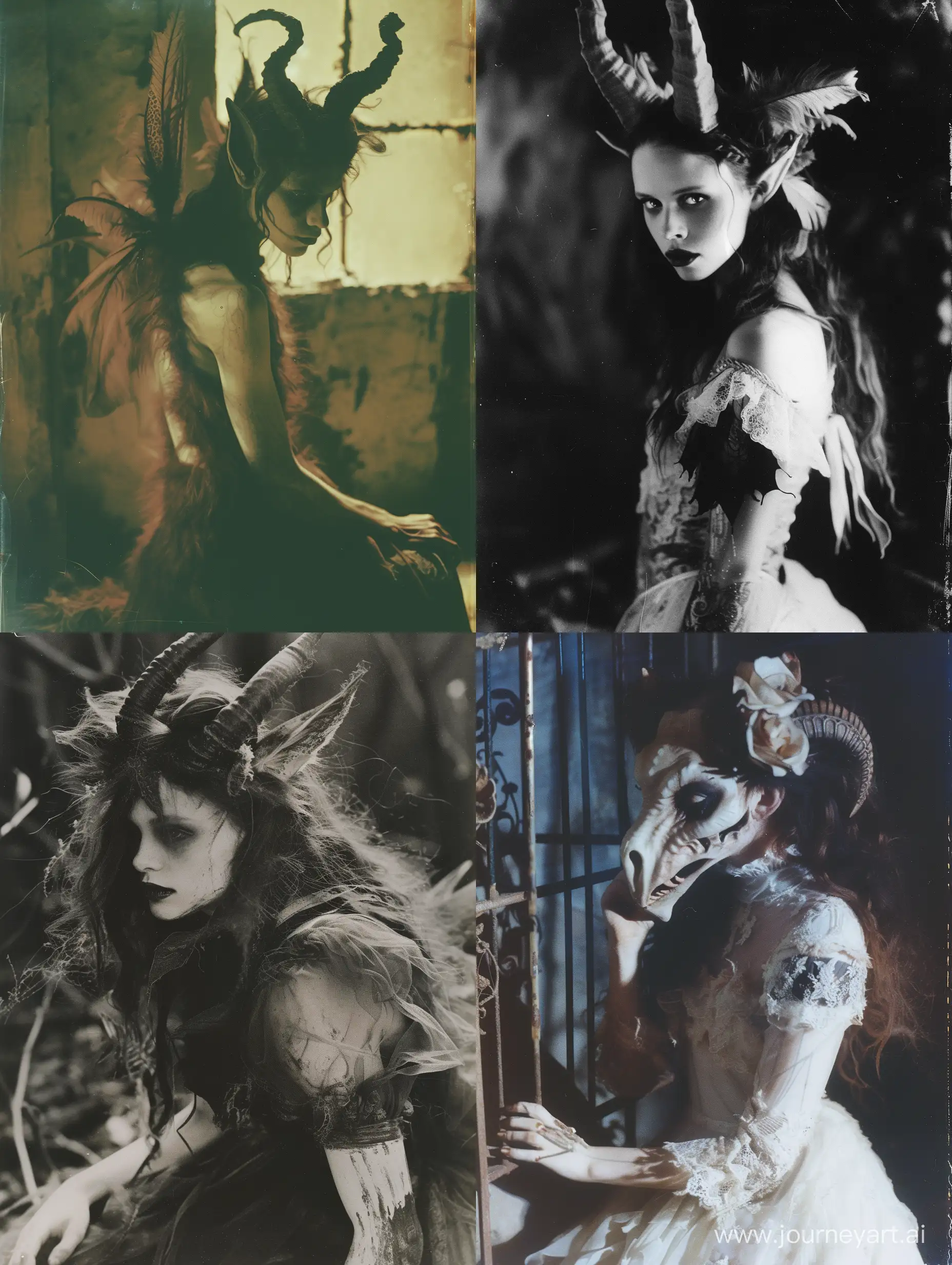 a hauntingly beautiful creature, half-human and half-beast, Fey Enigma,nBeastly Intrigue, Caged Mysterium, Kenneth anger, Nona limmen, William Mortensen, horror core, dark aesthetic, expired 35mm film