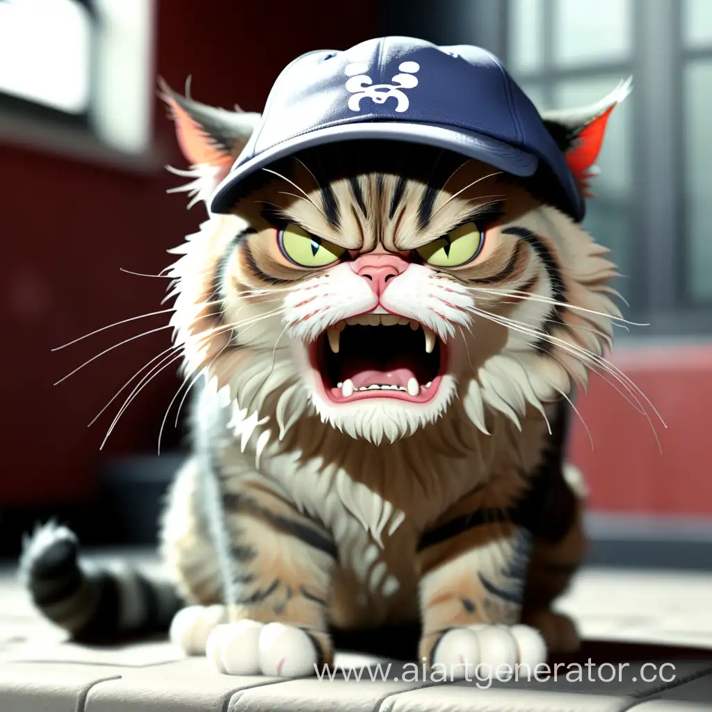 angry cat in a cap
