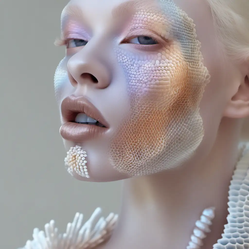 a model with honeycomb scales on her face, pearl iridescent colors, soft tones, albino model with extremely long and fluffy eyelashes , big juicy lips, hyperrealistic rendering