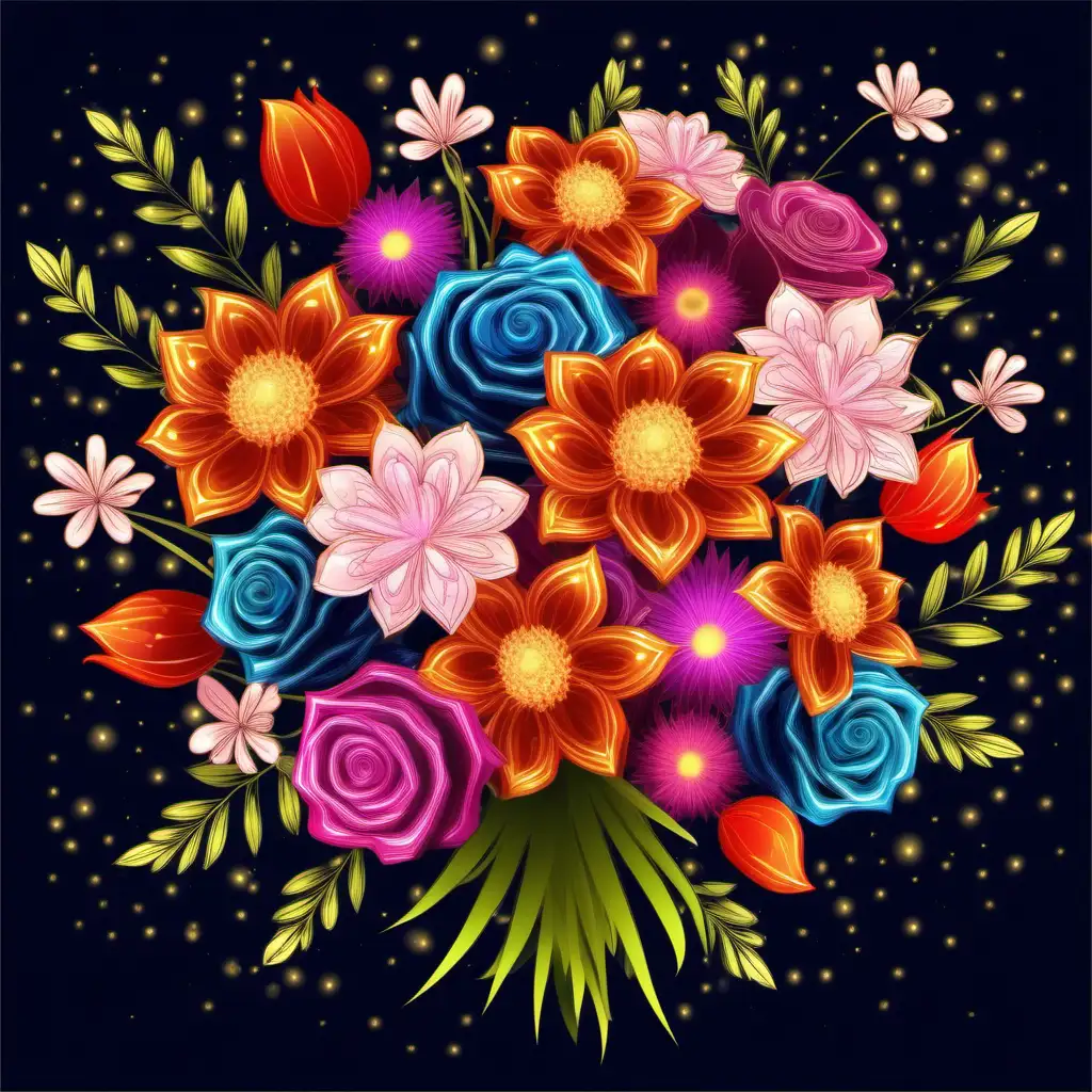 Vibrant Bouquet of Shiny Flowers on Dark Background