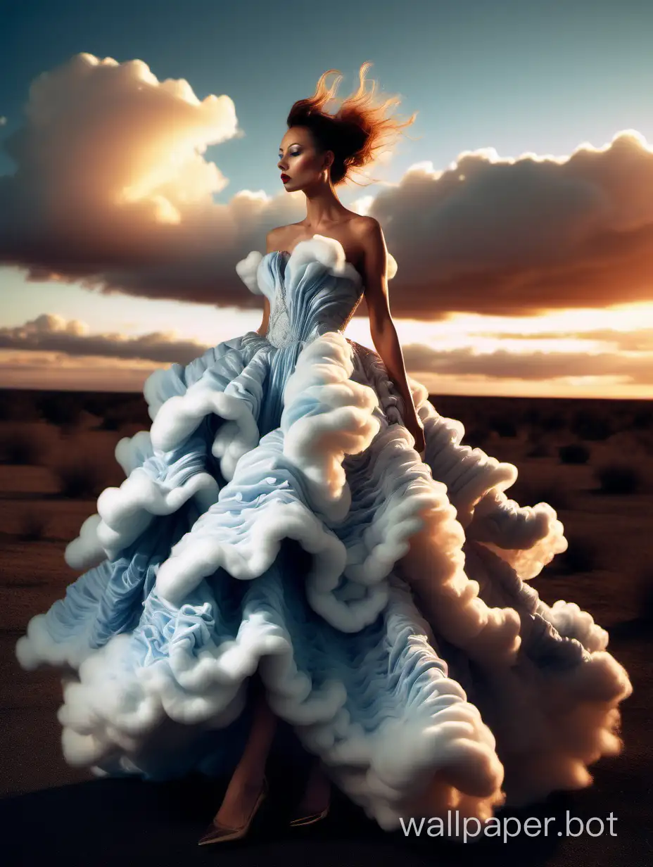 candid sharp wide shot photo of a high fashion woman wearing a beautiful surreal gown made of clouds, 35mm photography, sunset lighting, surreal, fantasy, weird  --c1000 --s 1000 --w 1000