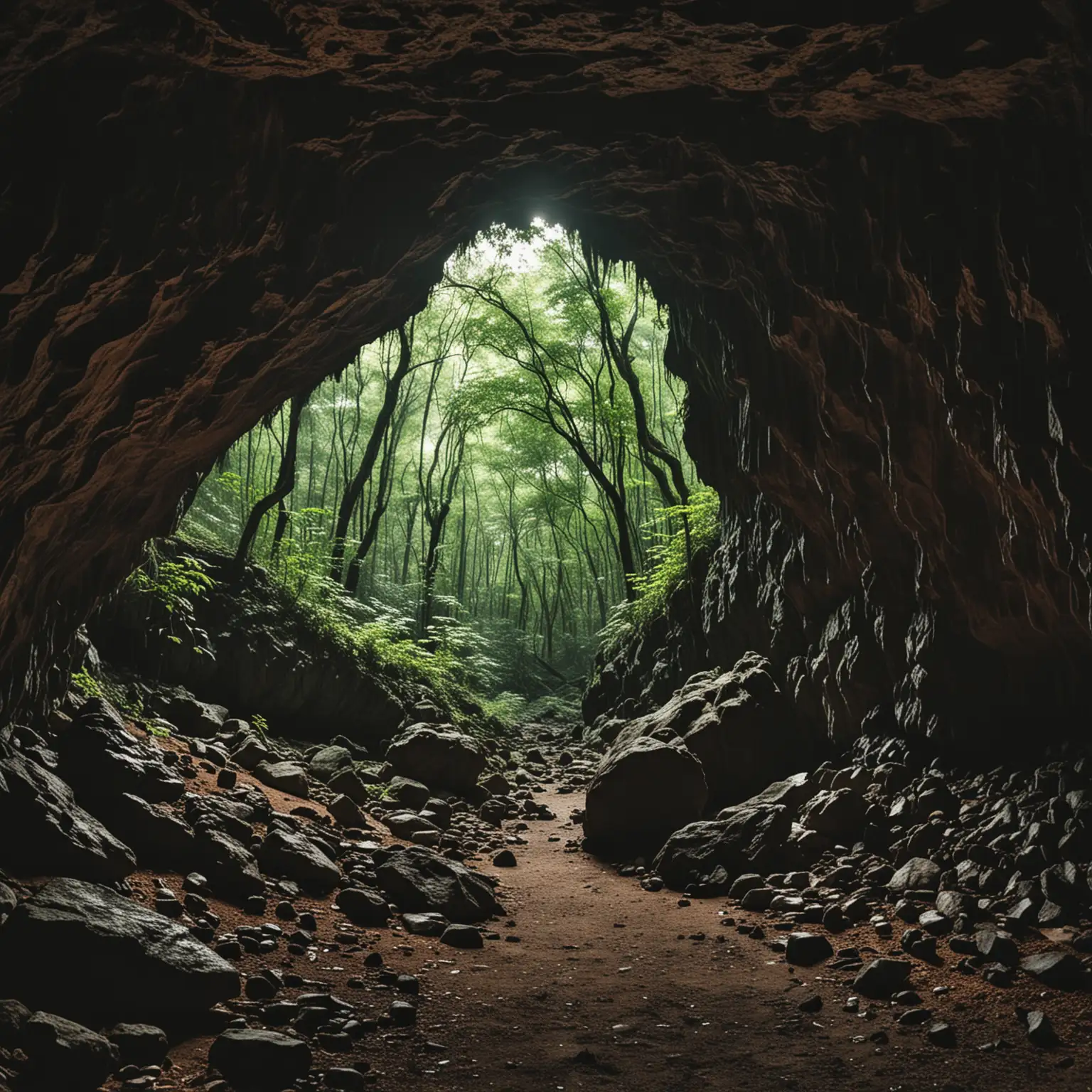 Show me the view of a dense forest as seen from the inside of a dark cave.