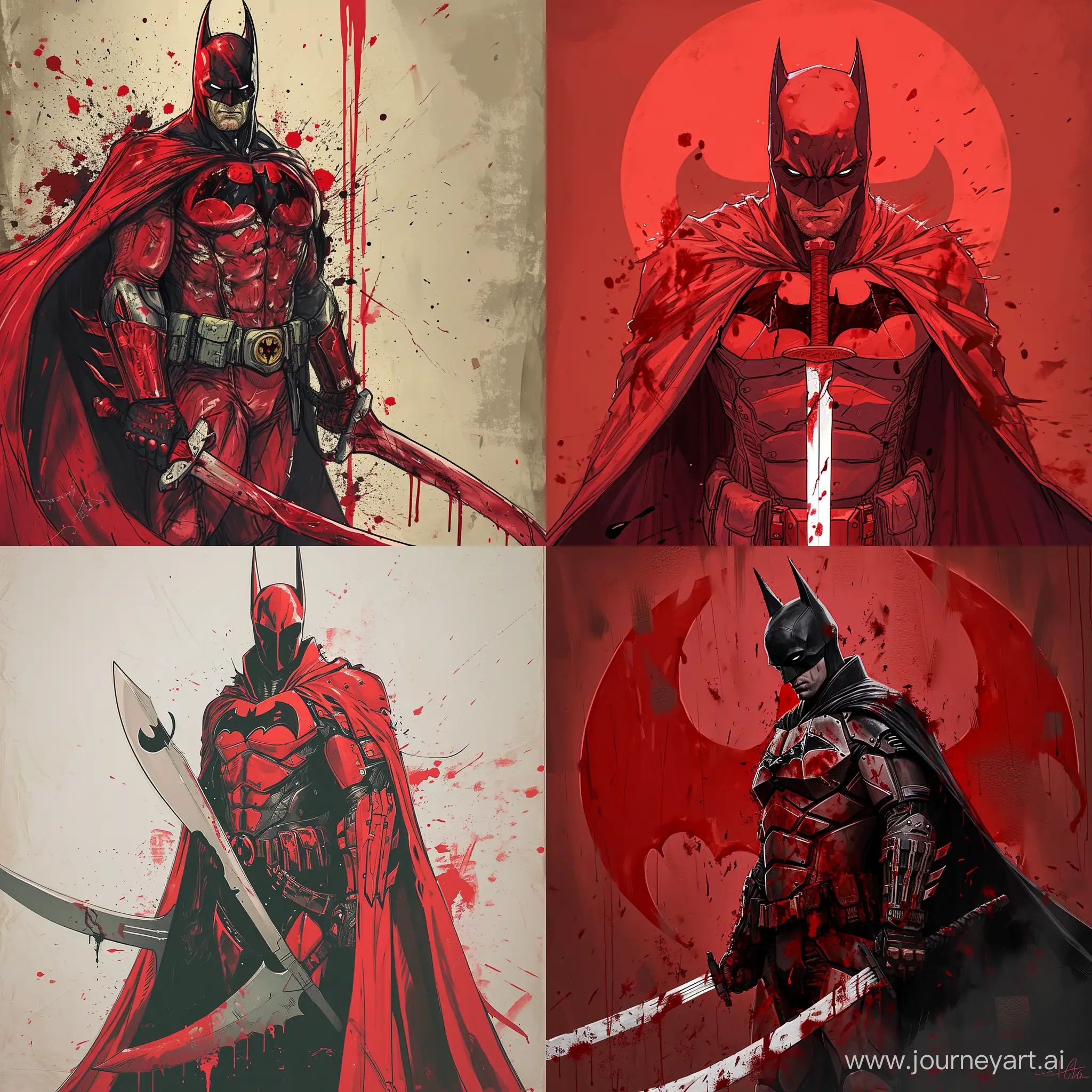 draw a blood red batman  with sword and instead of a bat symbol it has half moon symbol