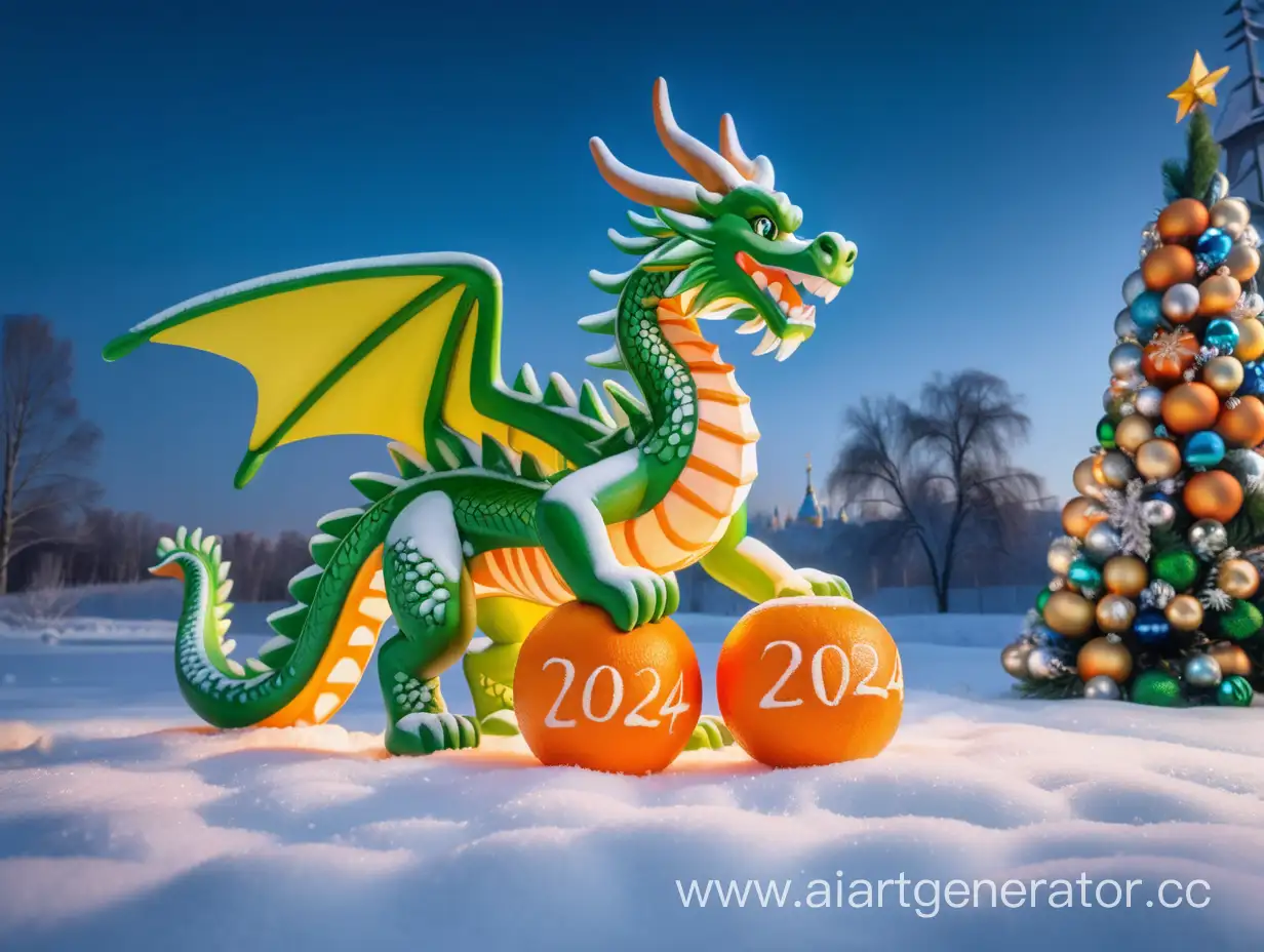 зеленый деревянный Дракон встречает новый год 2024 на снегу в России, с мандаринками , у елки с огоньками 
ТСН КОЛОМЯГИ ПАРК. по краям поля  5мм