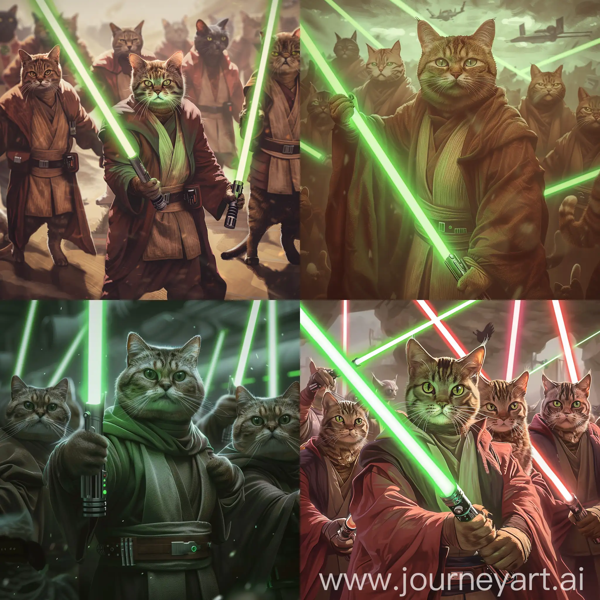an army of humoristic humanoid cat dressed like one jedi. they have a lightsaber green. they are angry and muscular. style caricature. ultra detailled. uhd.