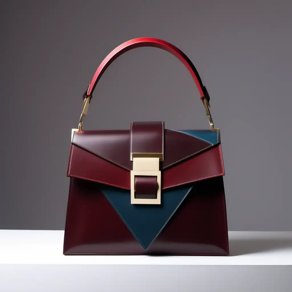 CubismInspired Leather Luxury Bag with Single Handle and Metal Buckle in Burgundy Shades