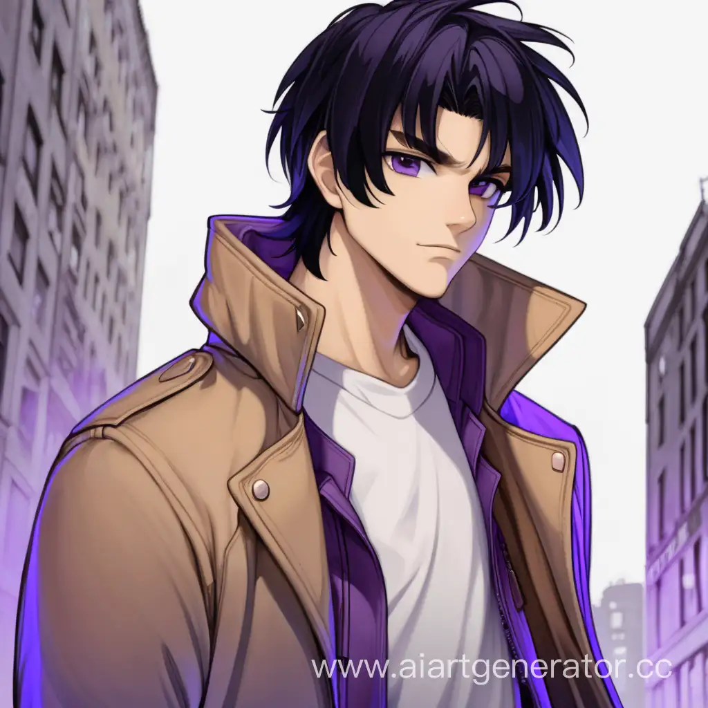 Мужик с черными волосами, фиолетовыми глазами, белой футболкой и коричневым пальто