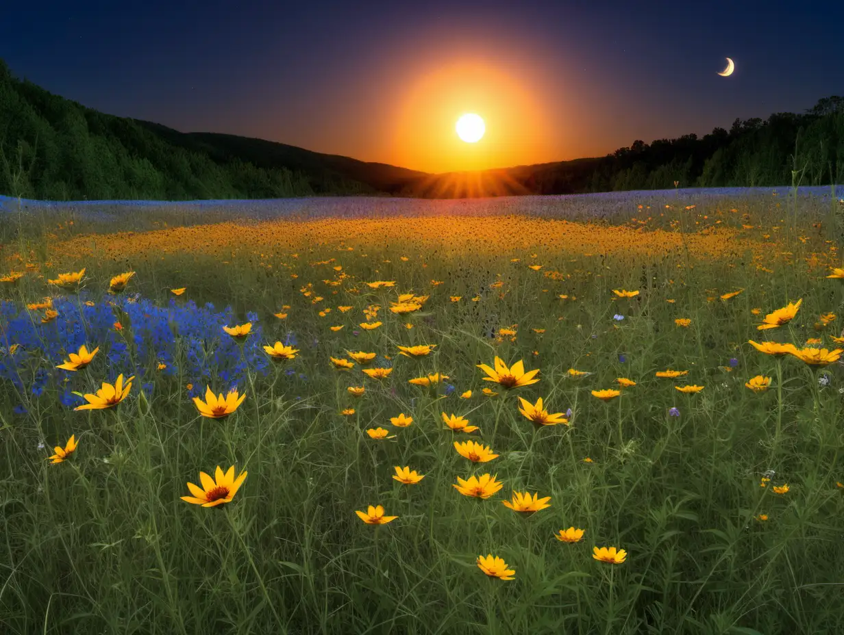 Vibrant Wildflower Field with Sun and Moon