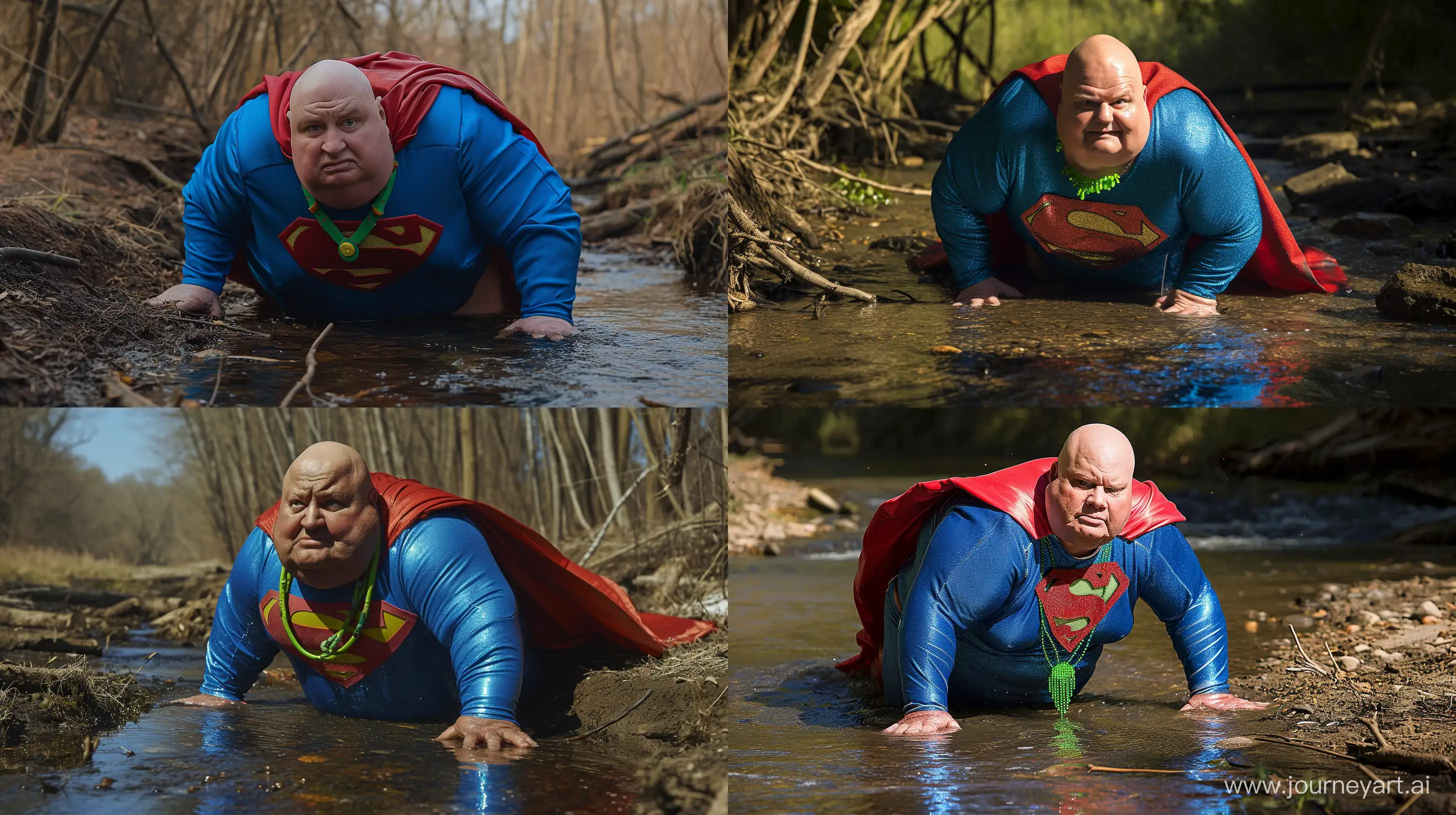Photo of a chubby man aged 70 crawling on the ground in a stream. He is wearing a slightly shiny bright blue superman costume with a big red cape. He wears a bright green necklace. Full body shot. Clean shaven. Bald. High-quality. --style raw --ar 16:9 --v 6