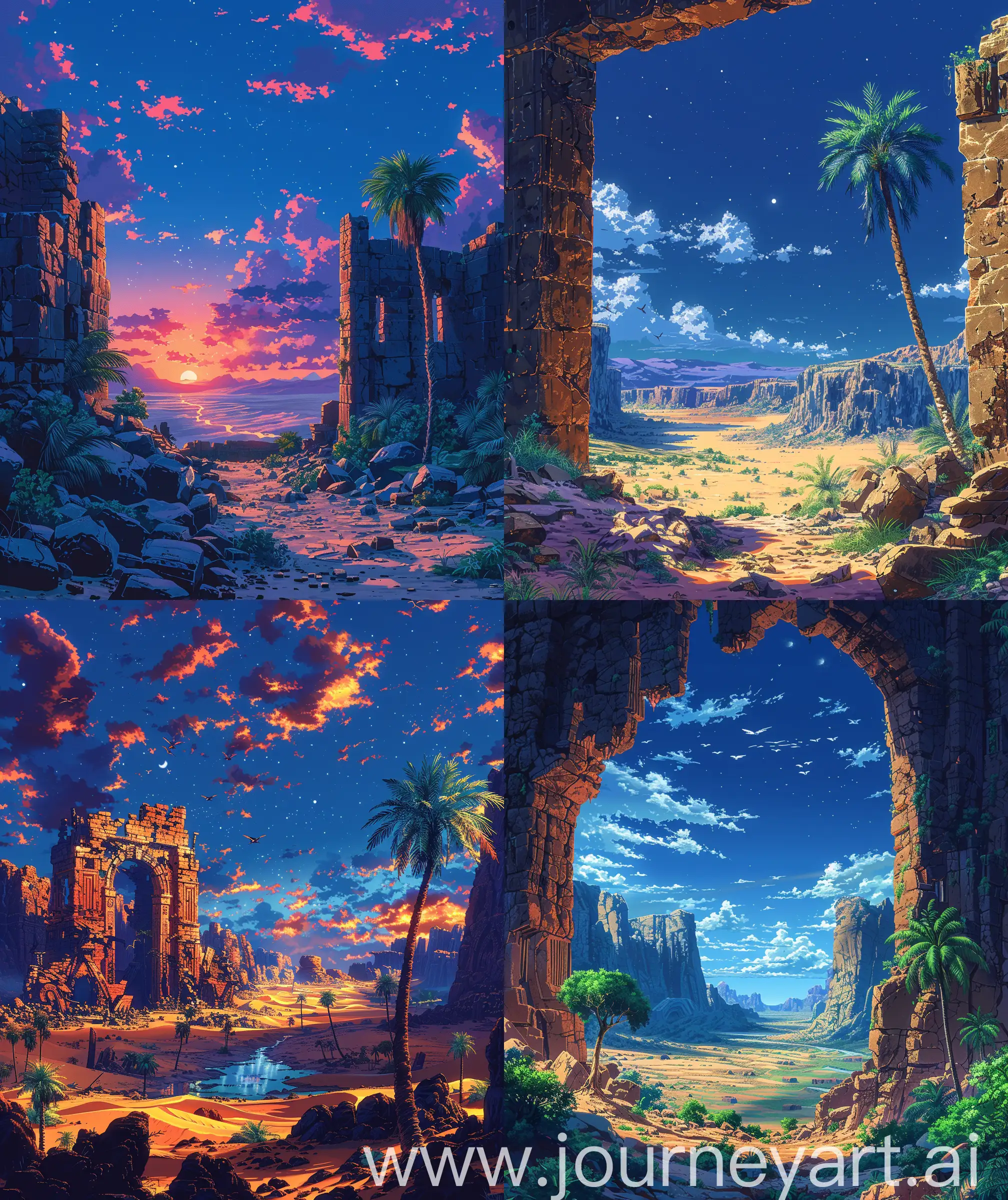 Beautiful anime scenery, mokoto shinkai style, desert oasis view, evening and night upcomming time view, abandon ruin structure in middle of desert, beautiful oasis, palm tree, beautiful anime scenery, illustration, ultra hd, High quality, sharp details, --ar 27:32 --s 600