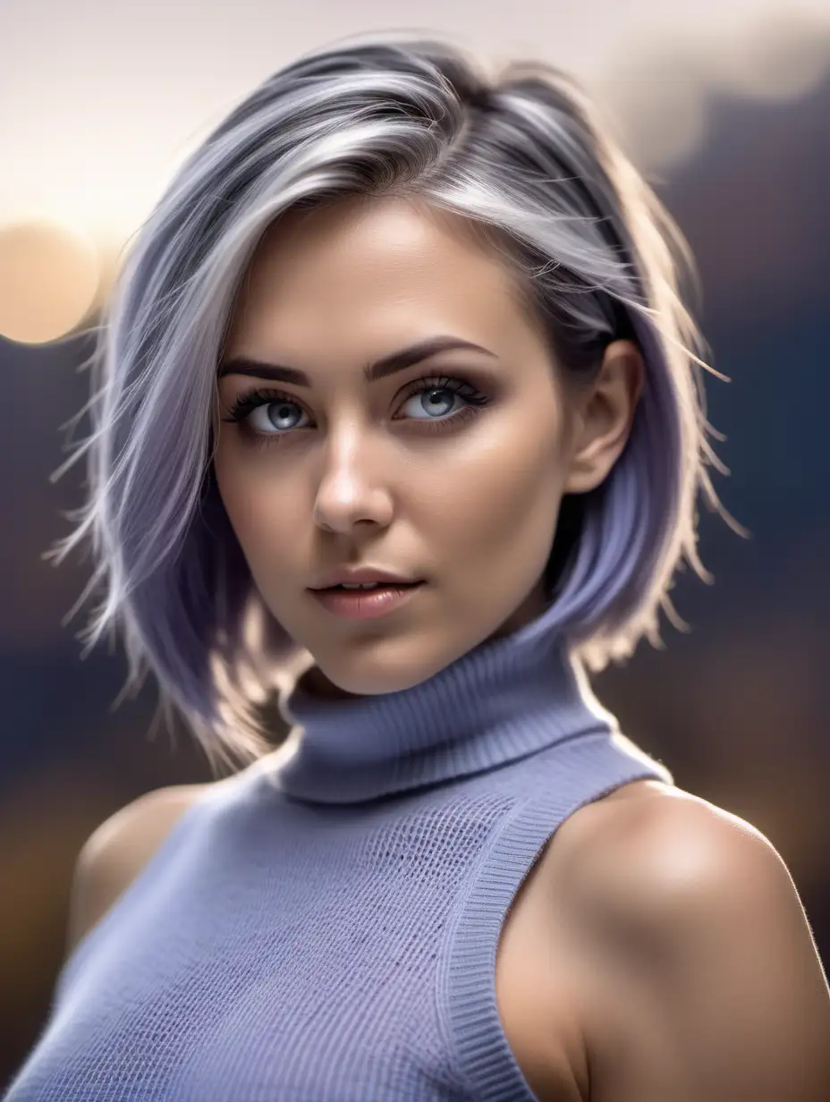 Beautiful Nordic woman, very attractive face, detailed eyes, big breasts, slim body, dark eye shadow, shoulder length periwinkle hair, wearing an taupe mock neck crop tank top sweater, close up, bokeh background, soft light on face, rim lighting, facing away from camera, looking back over her shoulder, photorealistic, very high detail, extra wide photo, full body photo, aerial photo
