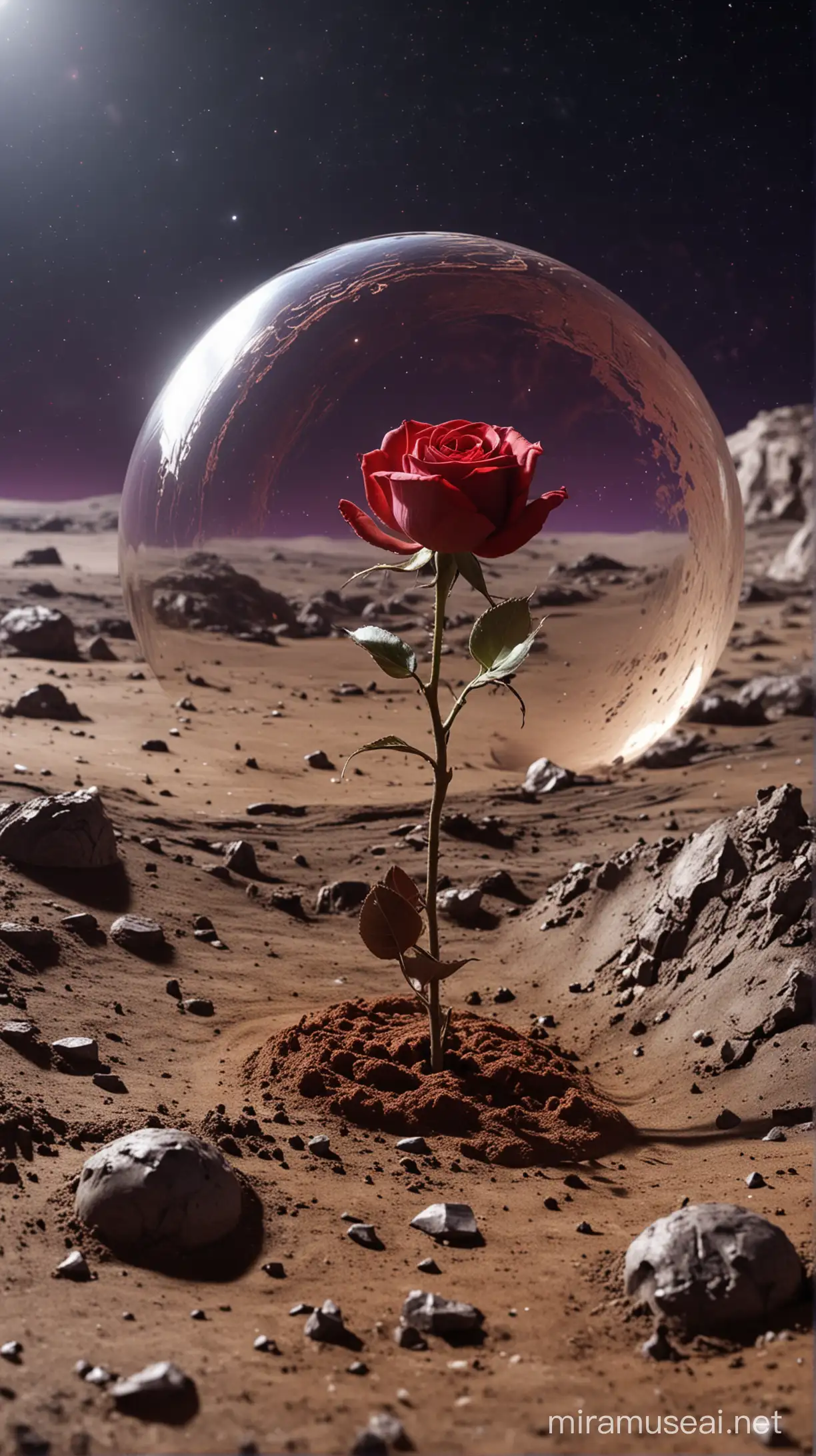 A moon like planet of brown color in space. There is a glass dome on the top-left side of the planet. A red rose is growing under the dome. The dome is cracked on top-right side. Some small debris and sand is scatered around the planet in saturn shape form. The whole scene is slightly lit from bottom-right side in violet color.