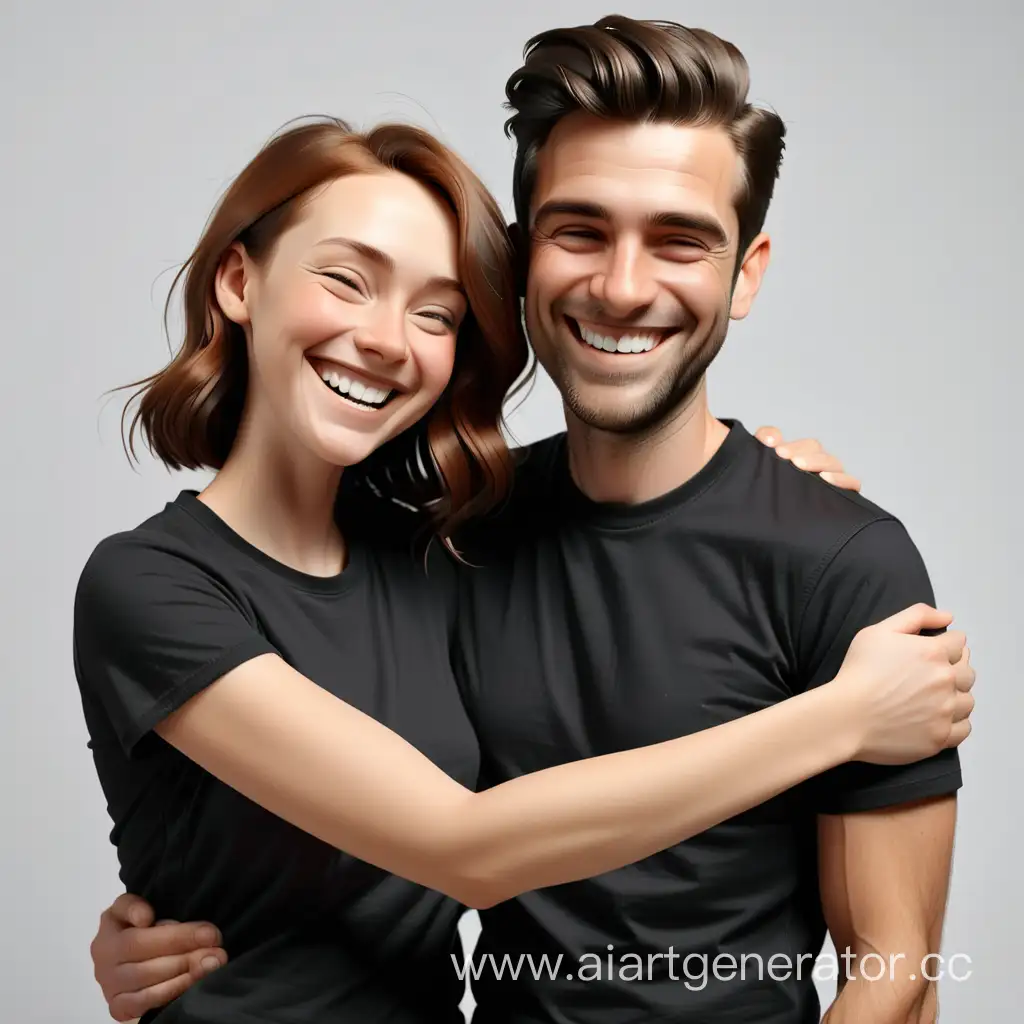 мужчина с женщиной в черной футболке улыбаются в обнимку по дружбе